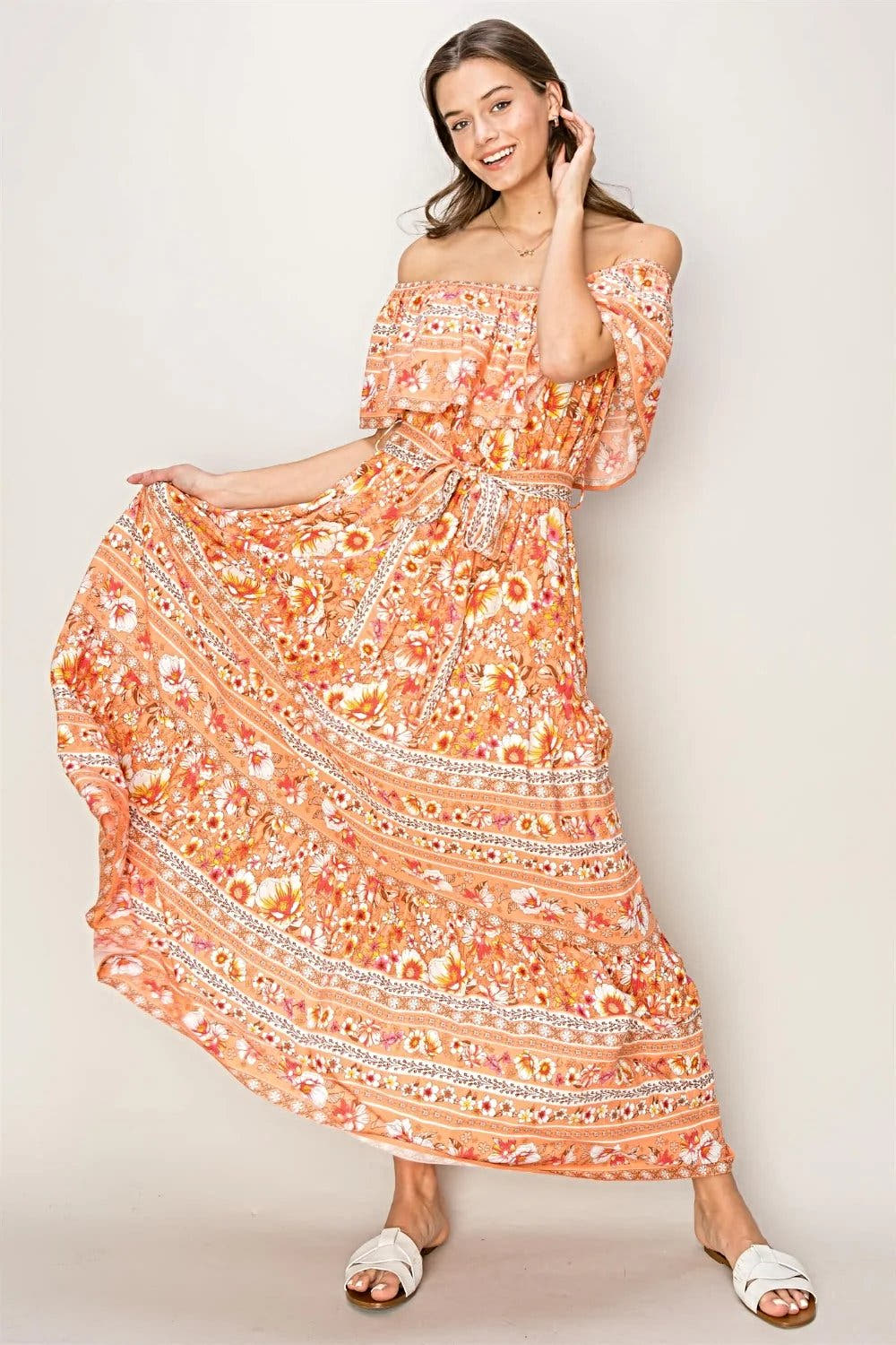 HYFVE Floral Off-Shoulder Tie Front Maxi Dress -