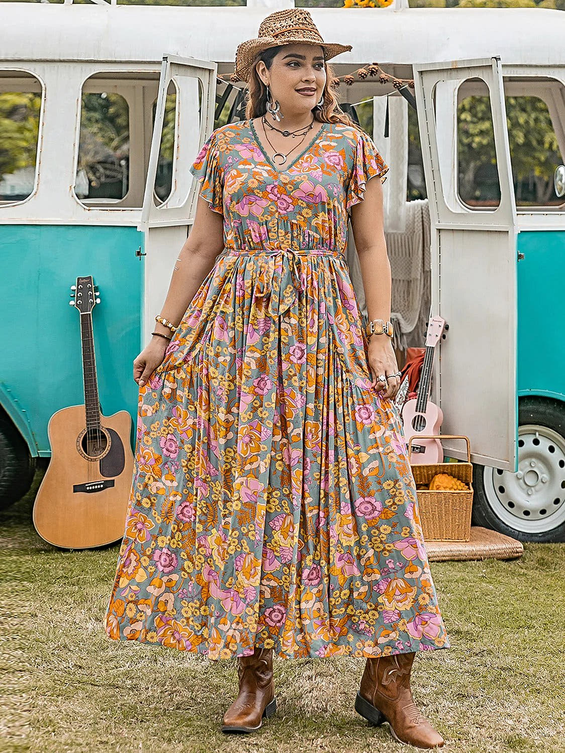 Plus Size Ruffled Printed Cap Sleeve Dress -