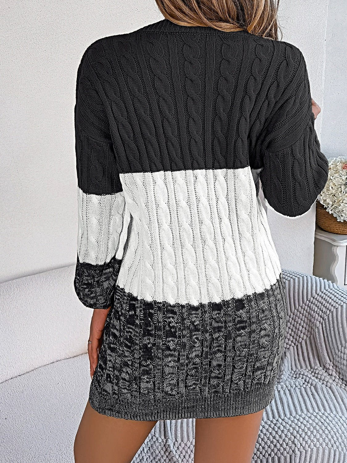 Cable-Knit Round Neck Color Block Sweater Dress -