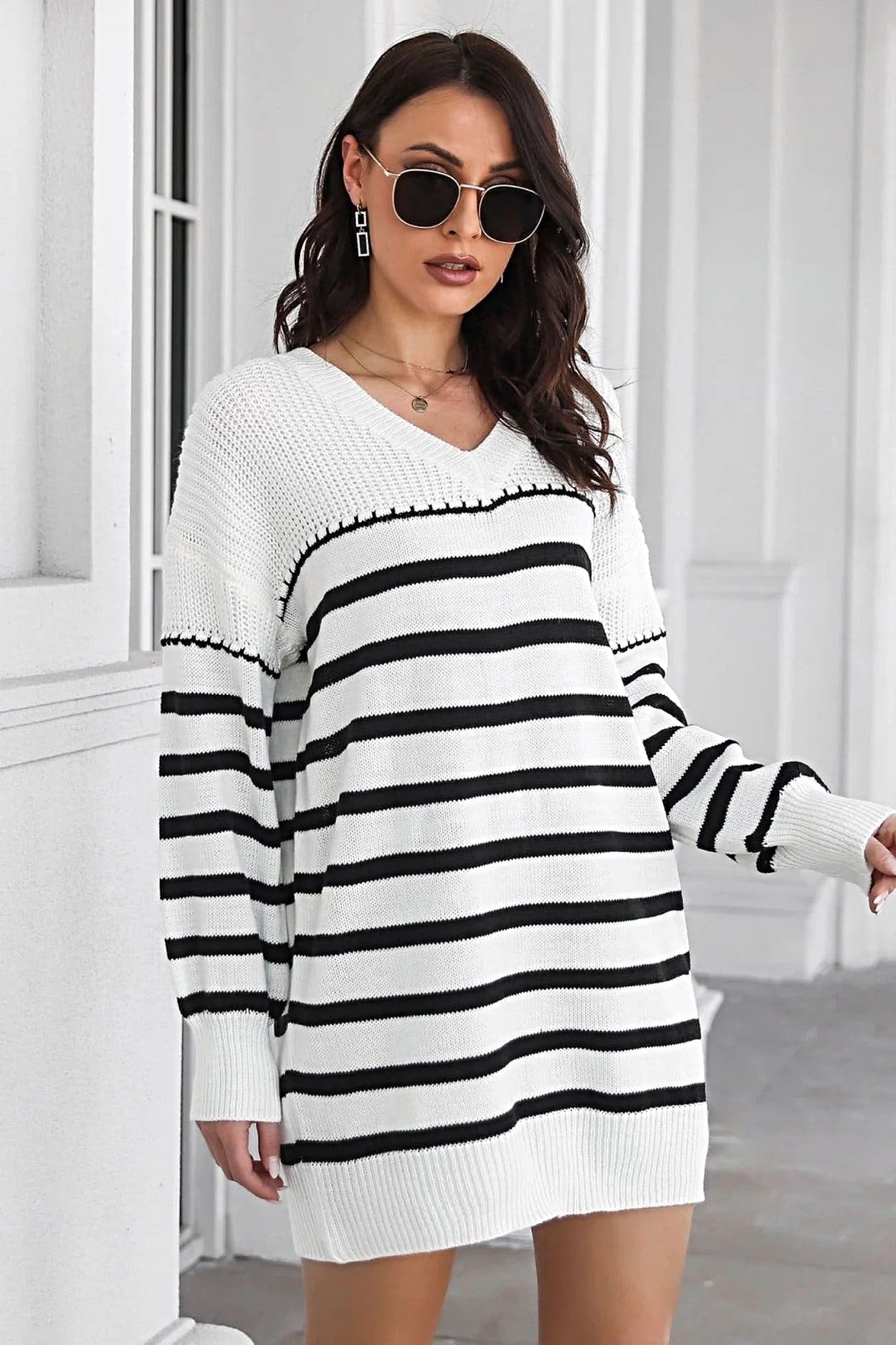 Striped V-Neck Drop Shulder Sweater Dress -