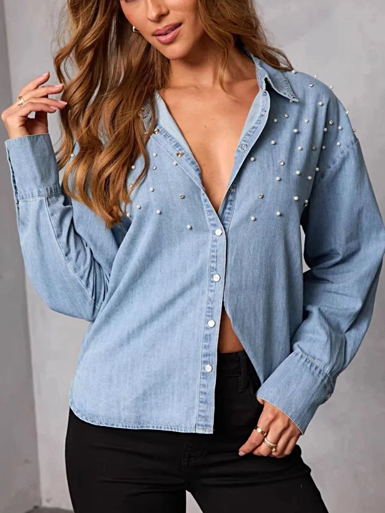 Pearl Embellished Button Up Denim Shirt -