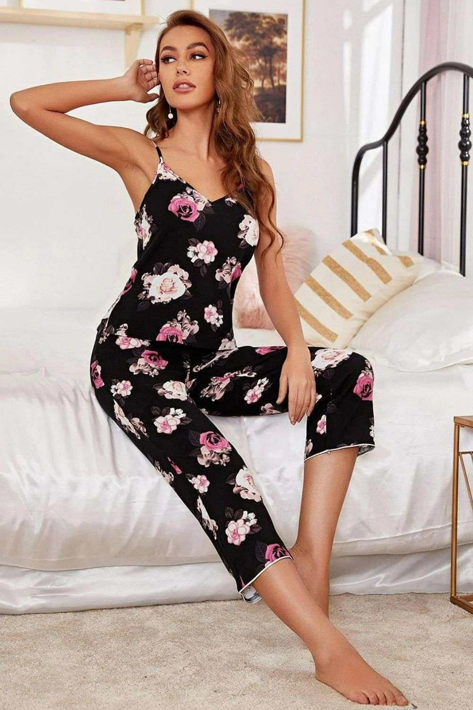 Floral V-Neck Cami and Cropped Pants Lounge Set - womans pajamas