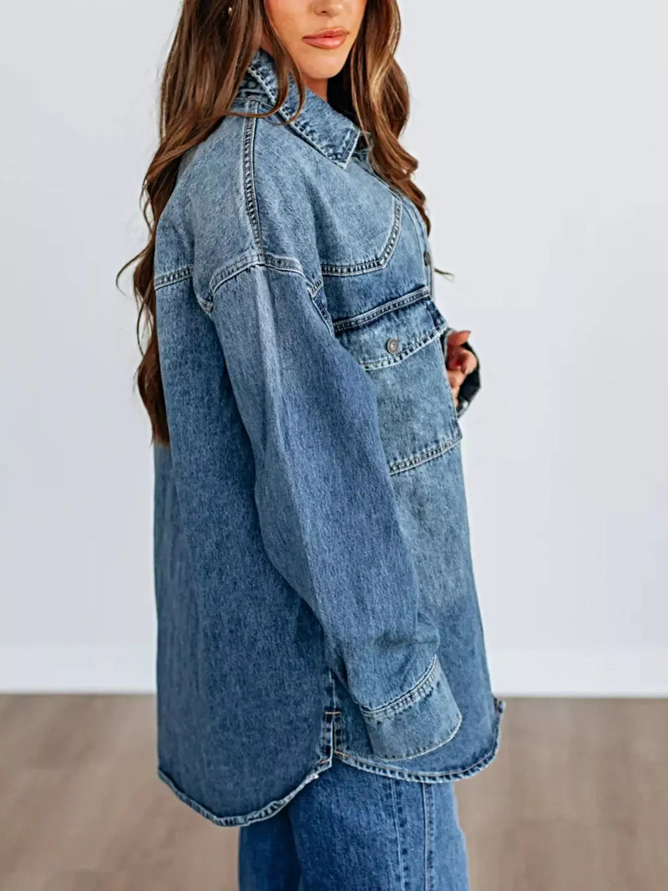 Snap Down Dropped Shoulder Denim Jacket -