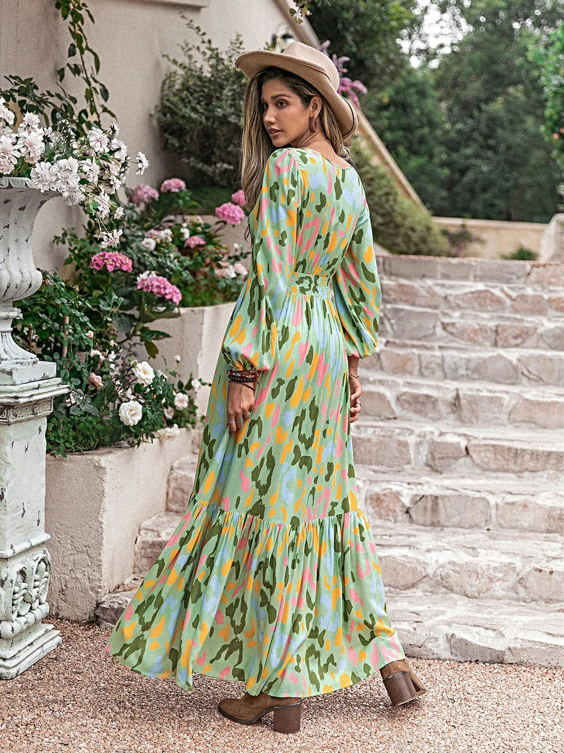 Chic Multicolored Maxi Dress With Tie Neck And Long Sleeves - Smocked A-Line Design Trendsi