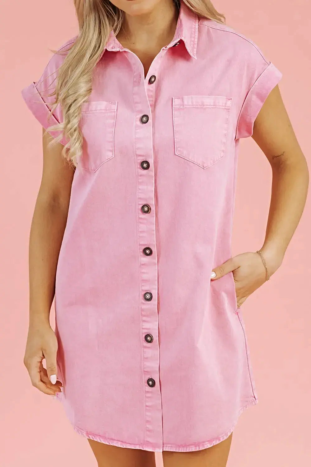 Button Down Short Sleeve Denim Dress -