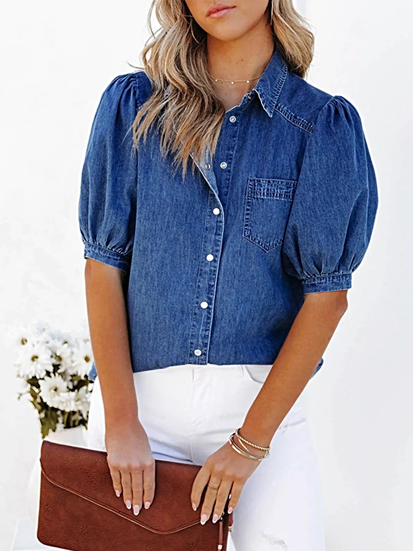 Puff Sleeve Button-Down Denim Top -