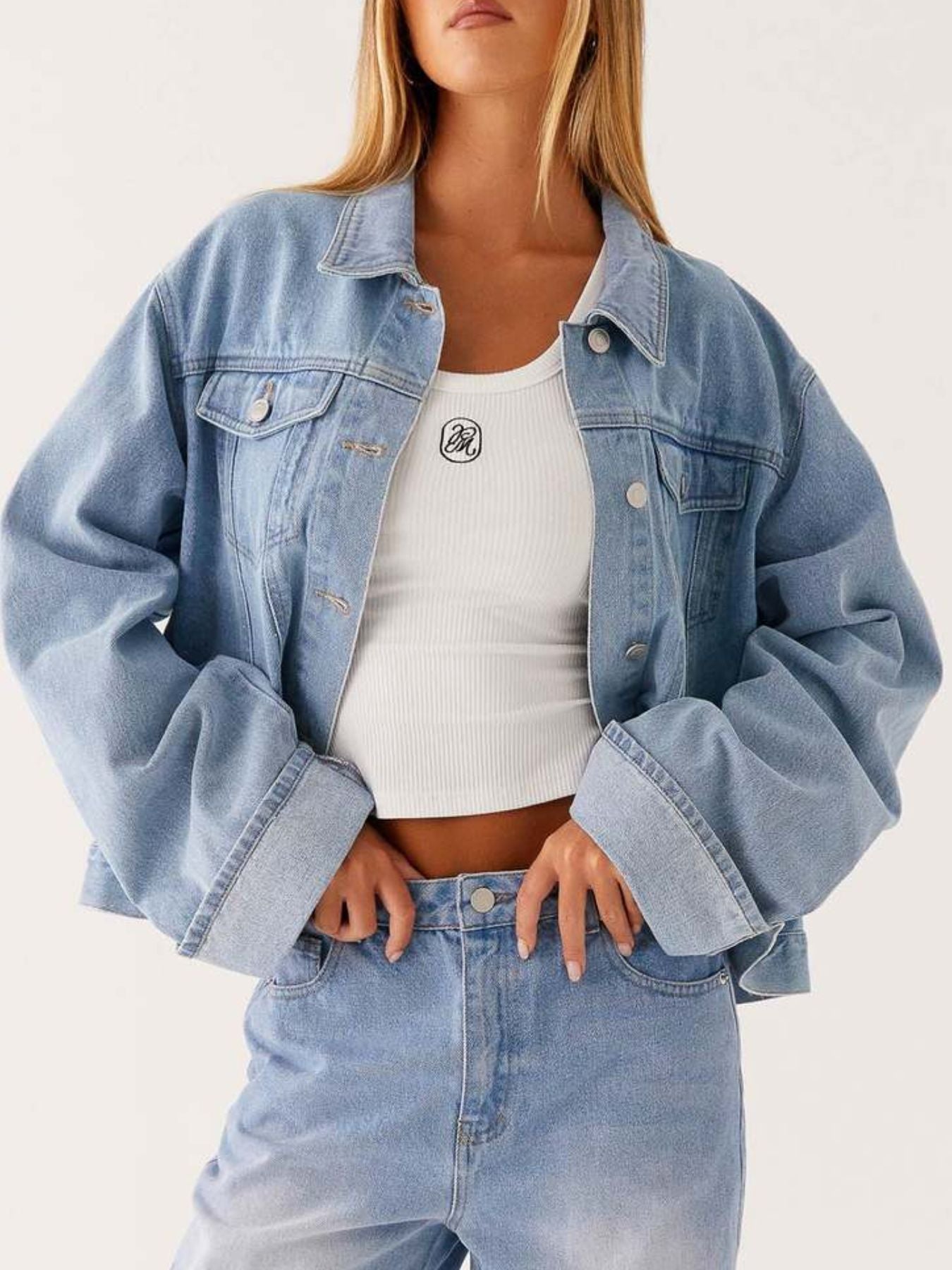 Button Down Cropped Oversized Denim Jacket -