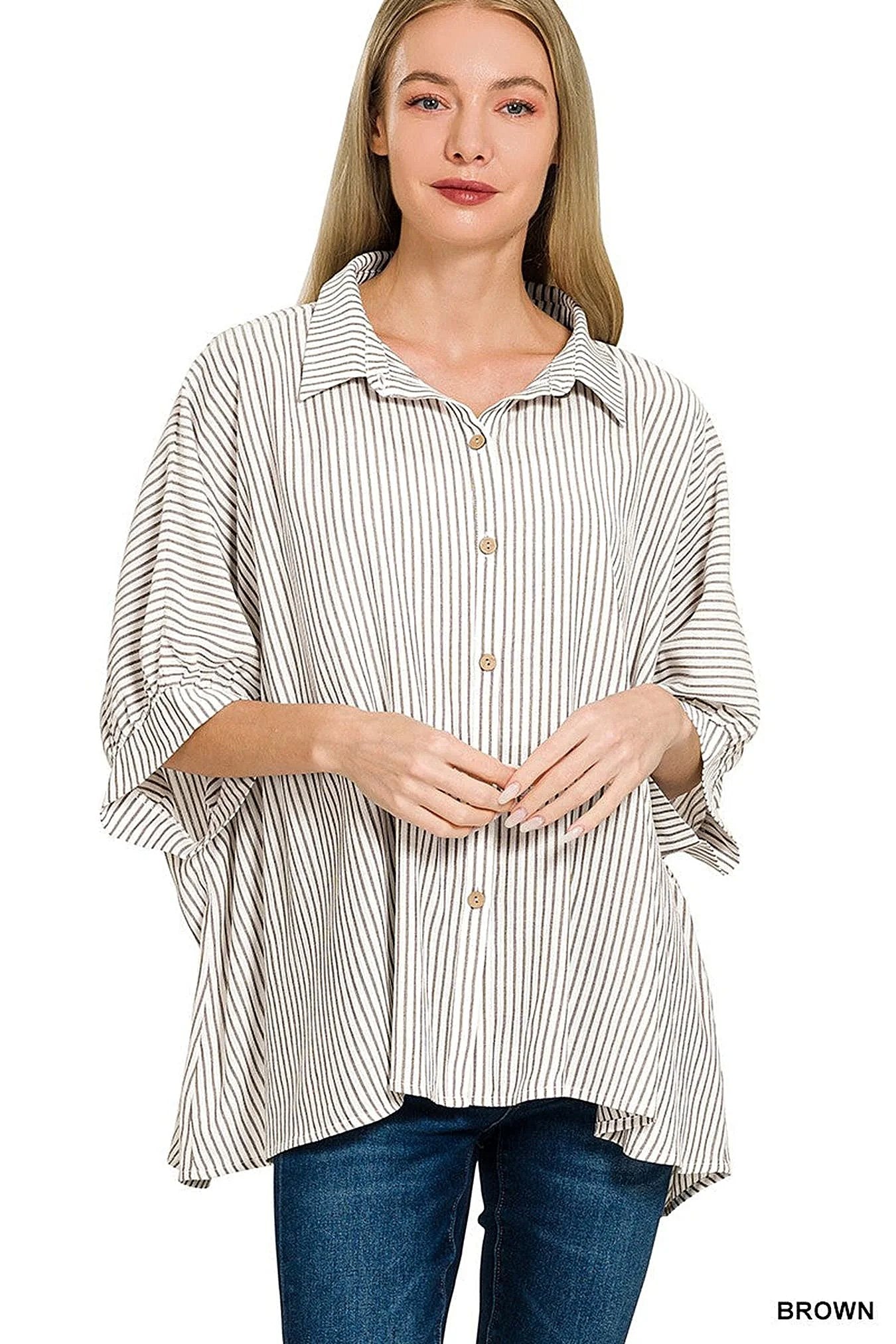 Zenana Woven Stripe Button Down Boxy Shirt -