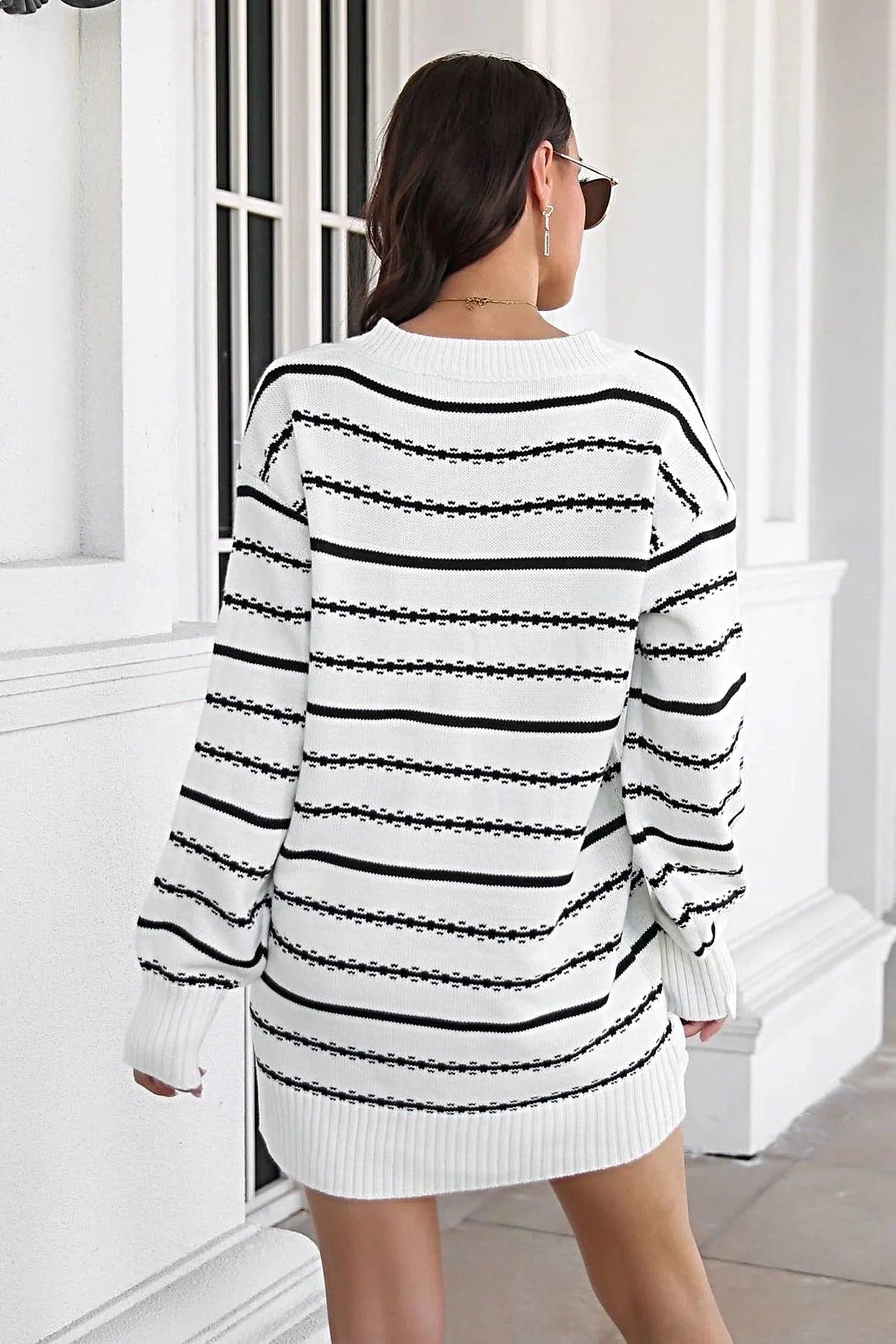 Striped V-Neck Sweater Dress -