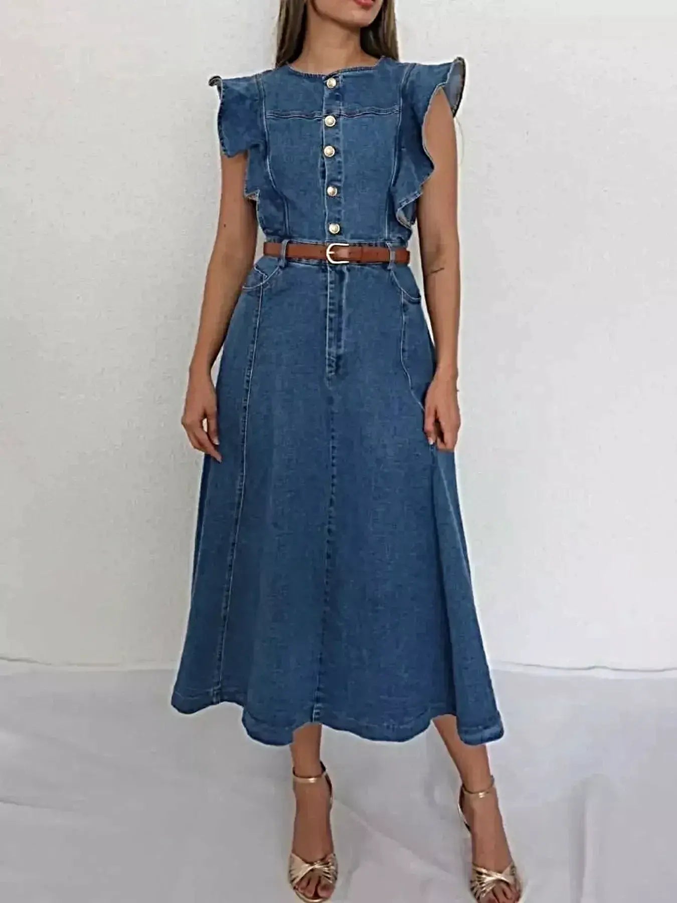 Ruffled Button Front Denim Dress -