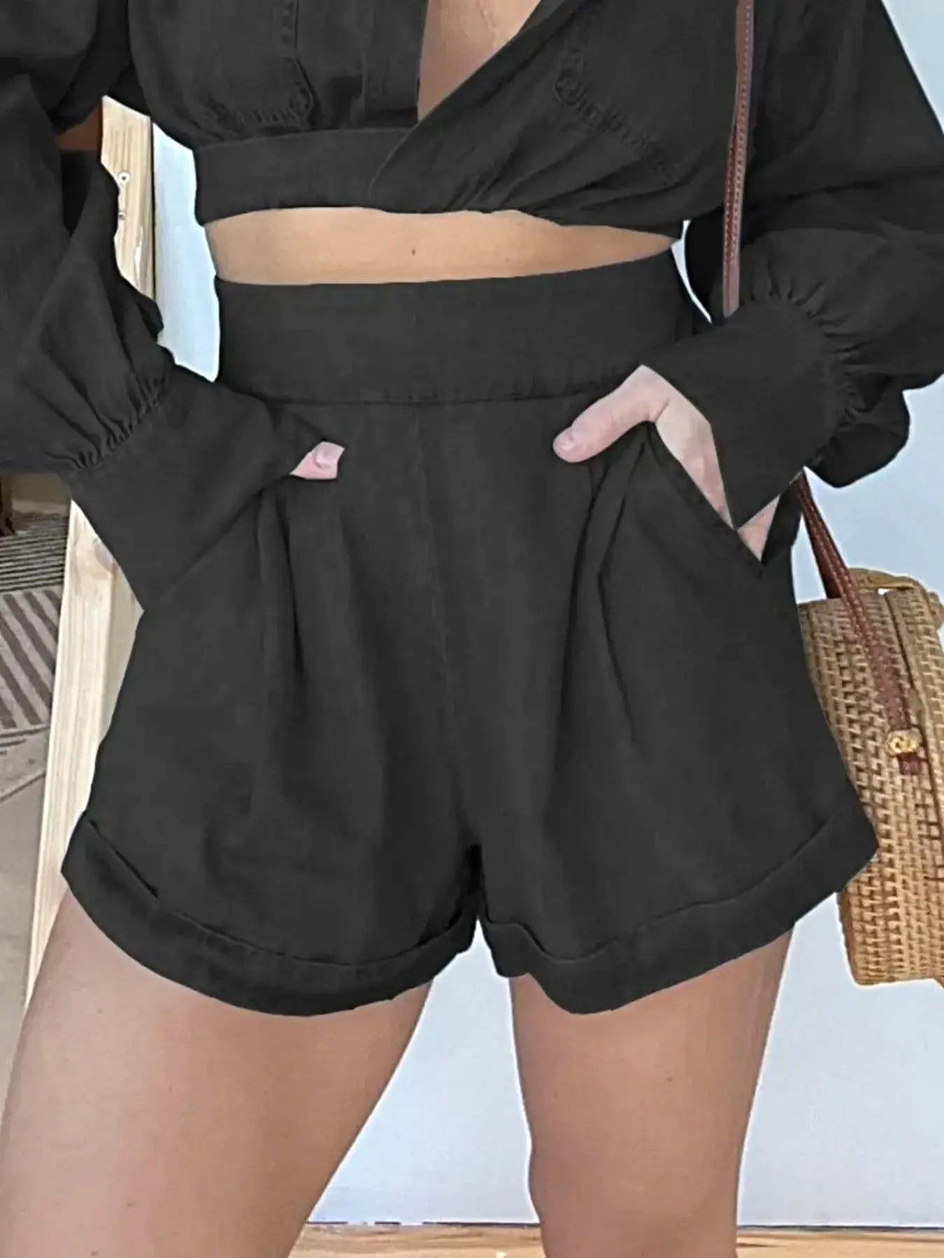 Full Size Long Sleeve Top and Shorts Denim Set Plus Size -
