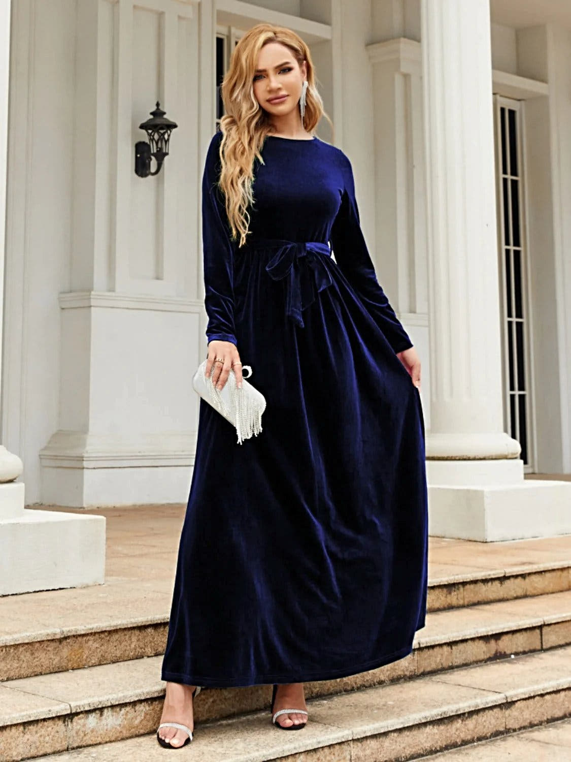 Elegant Tie Front Long Sleeve Maxi Dress in Opaque Polyester – Comfortable and Stylish Trendsi