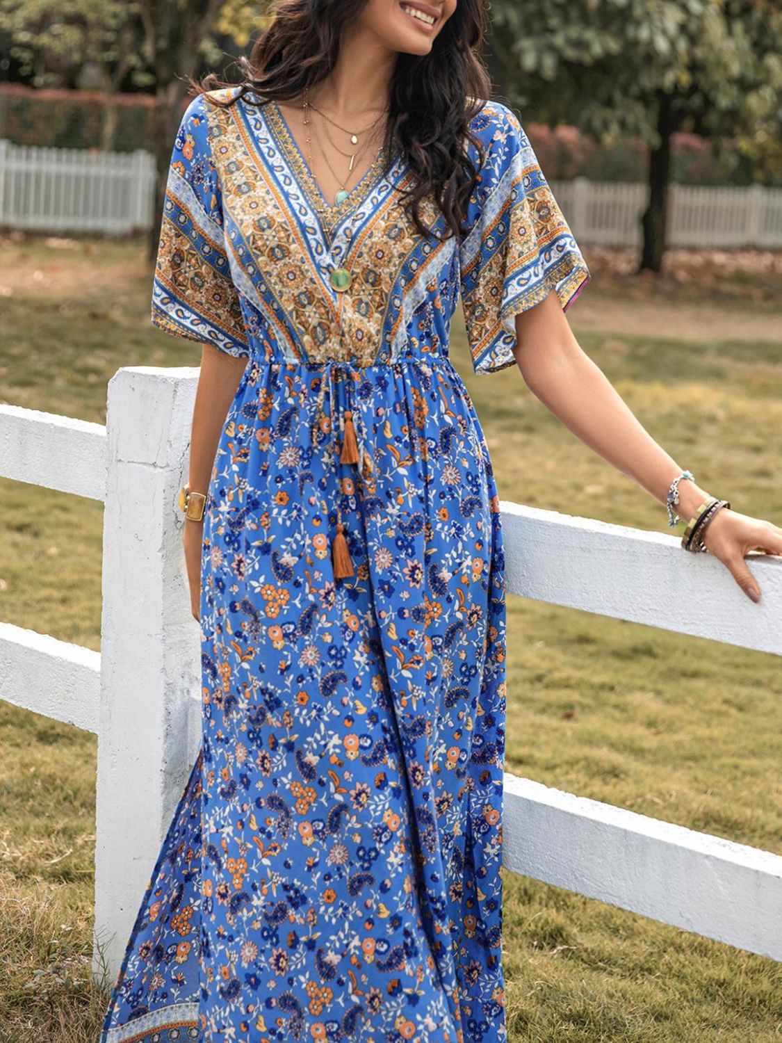 Elegant Printed Half Sleeve Dress with Slit - V-Neck Maxi Style in 100% Viscose Trendsi