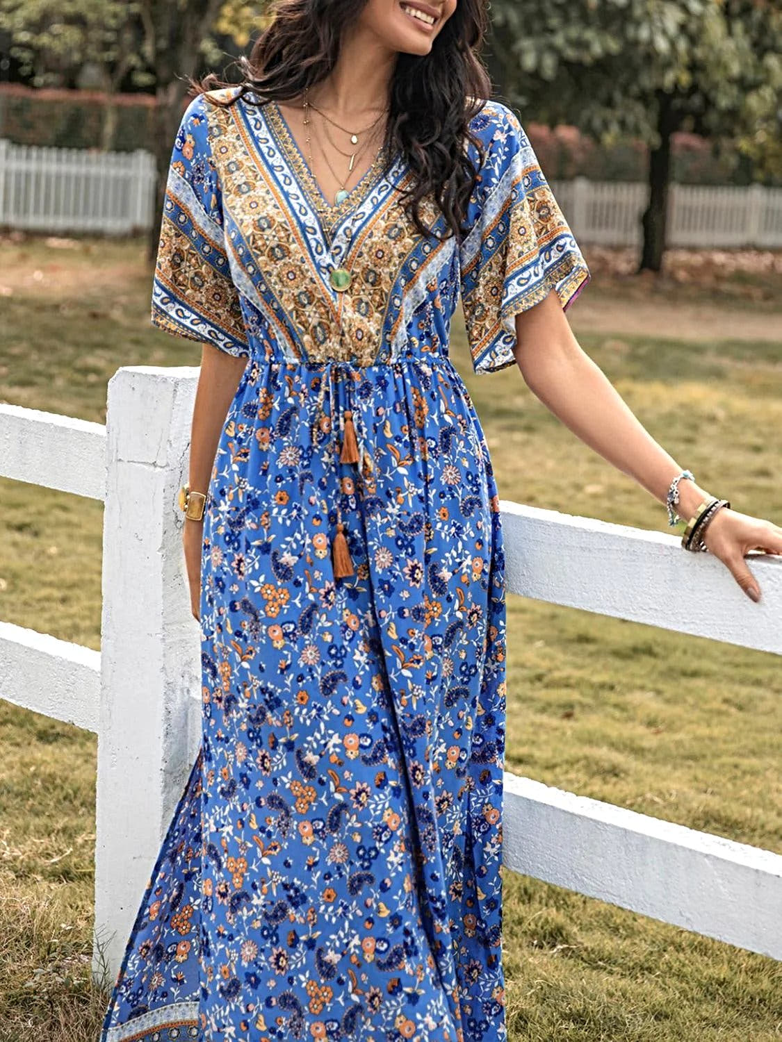 Elegant Printed Half Sleeve Dress with Slit - V-Neck Maxi Style in 100% Viscose Trendsi