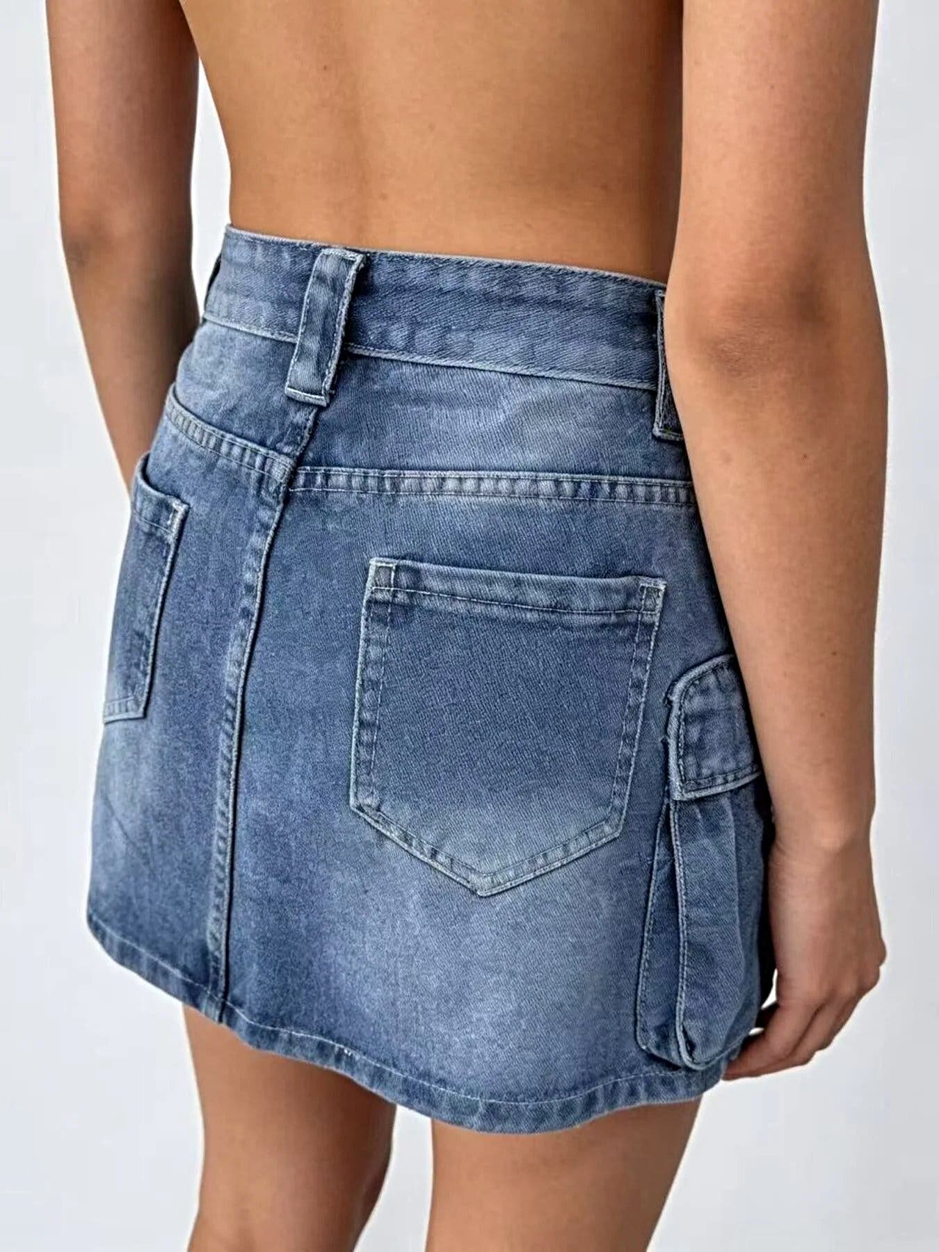 Washed Cargo Denim Skirt -