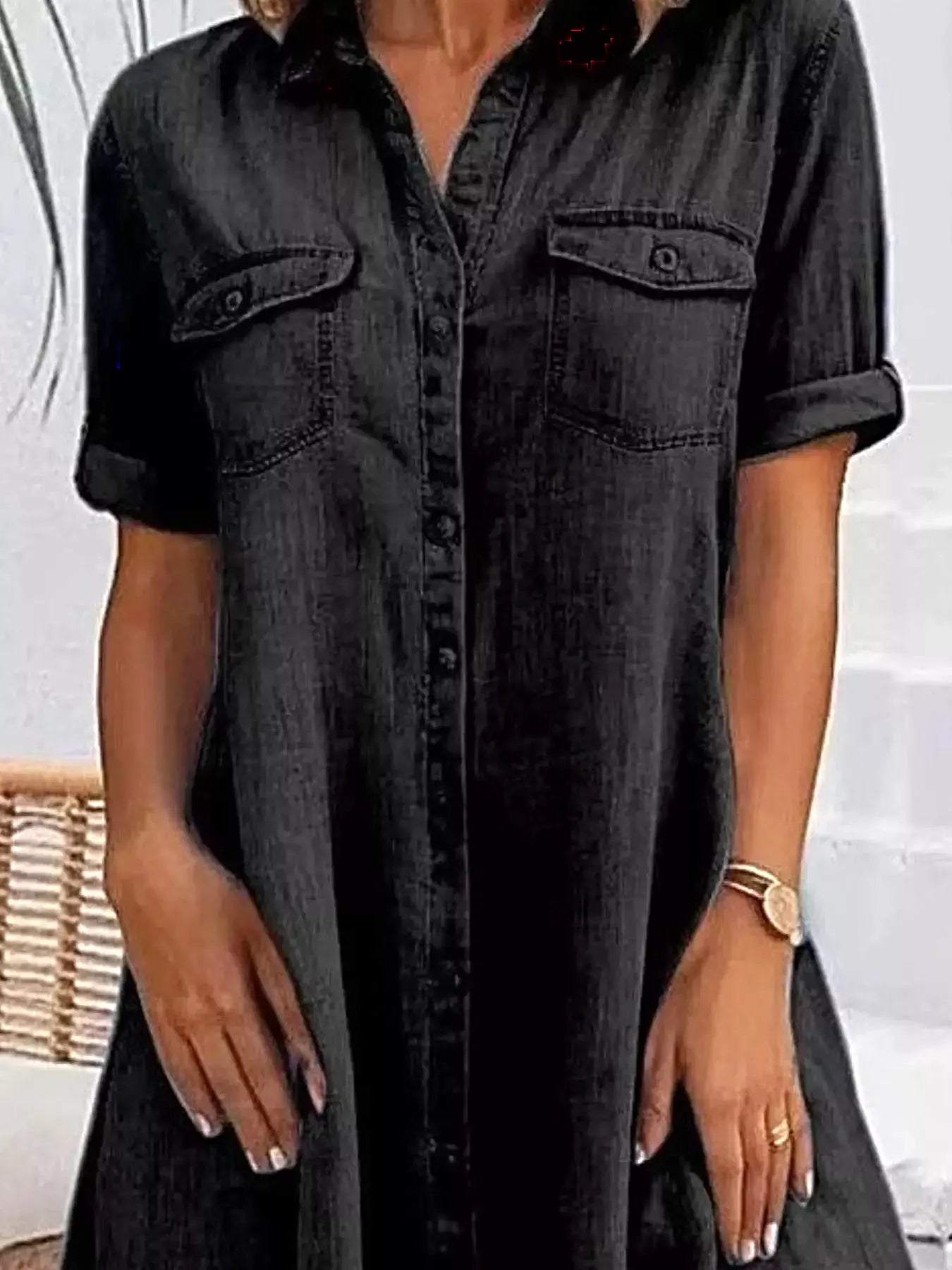 Full Size Button-Front Short Sleeve Denim Dress Plus Size -