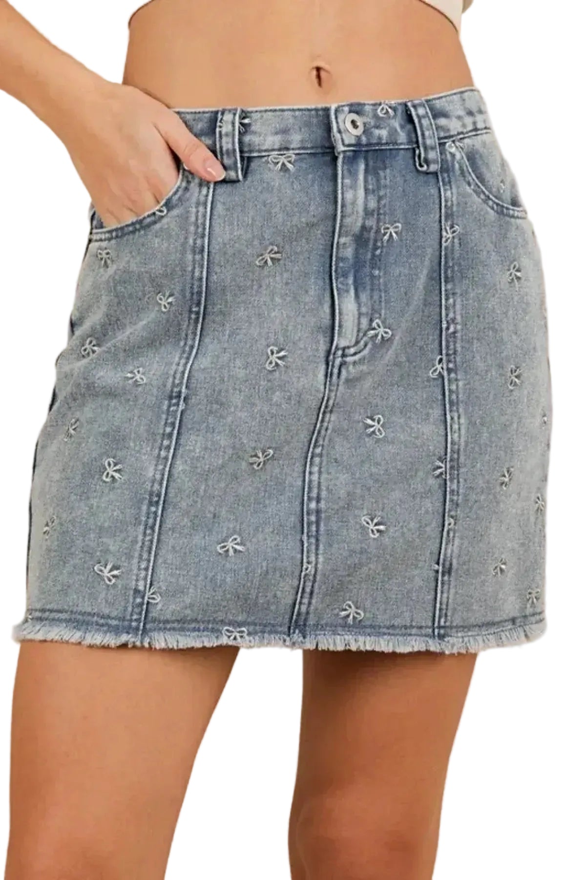 VERY J Bow Printed Casual Denim Mini Skirt -