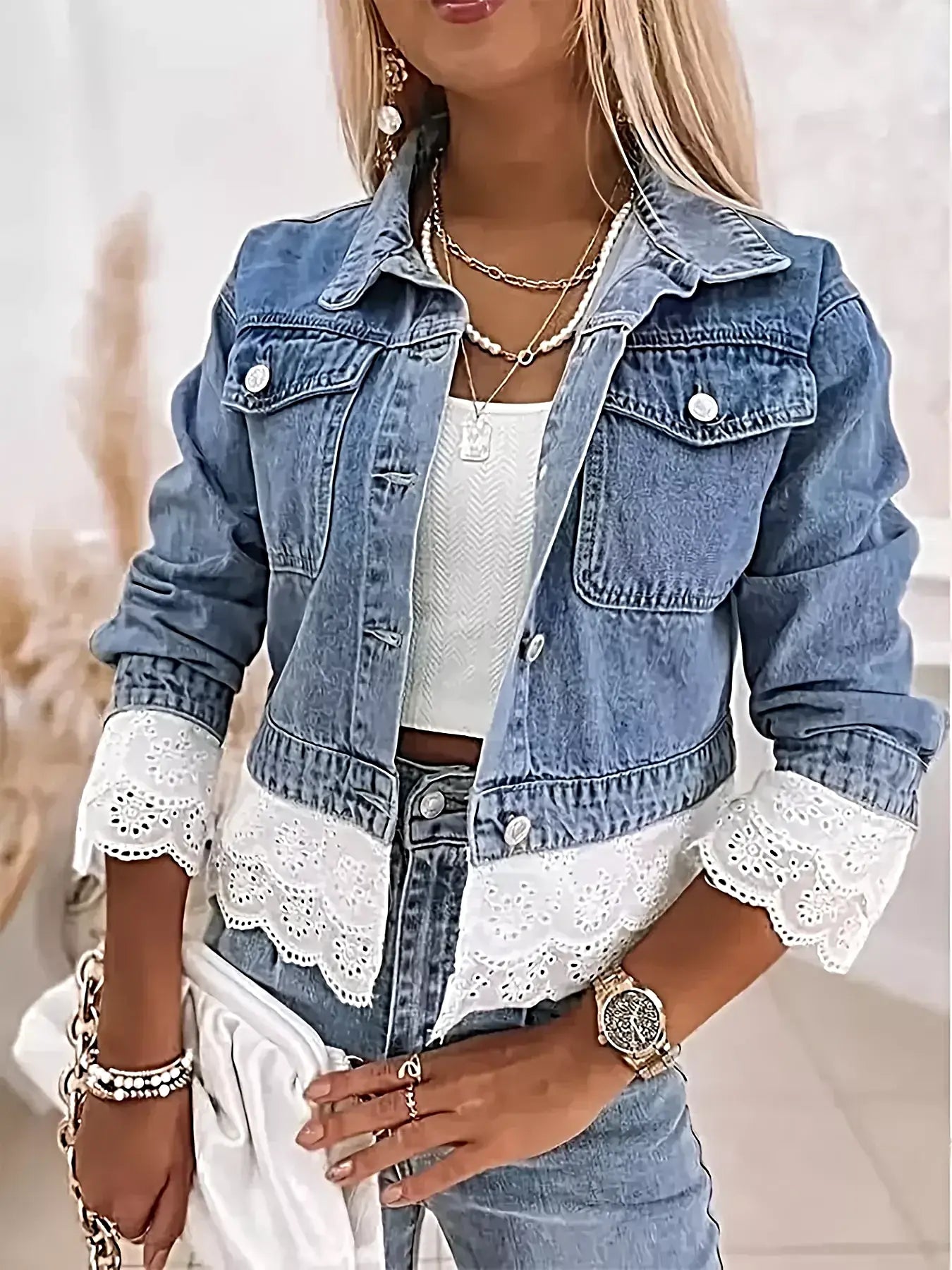 Cropped Denim Jacket with Lace Trim -