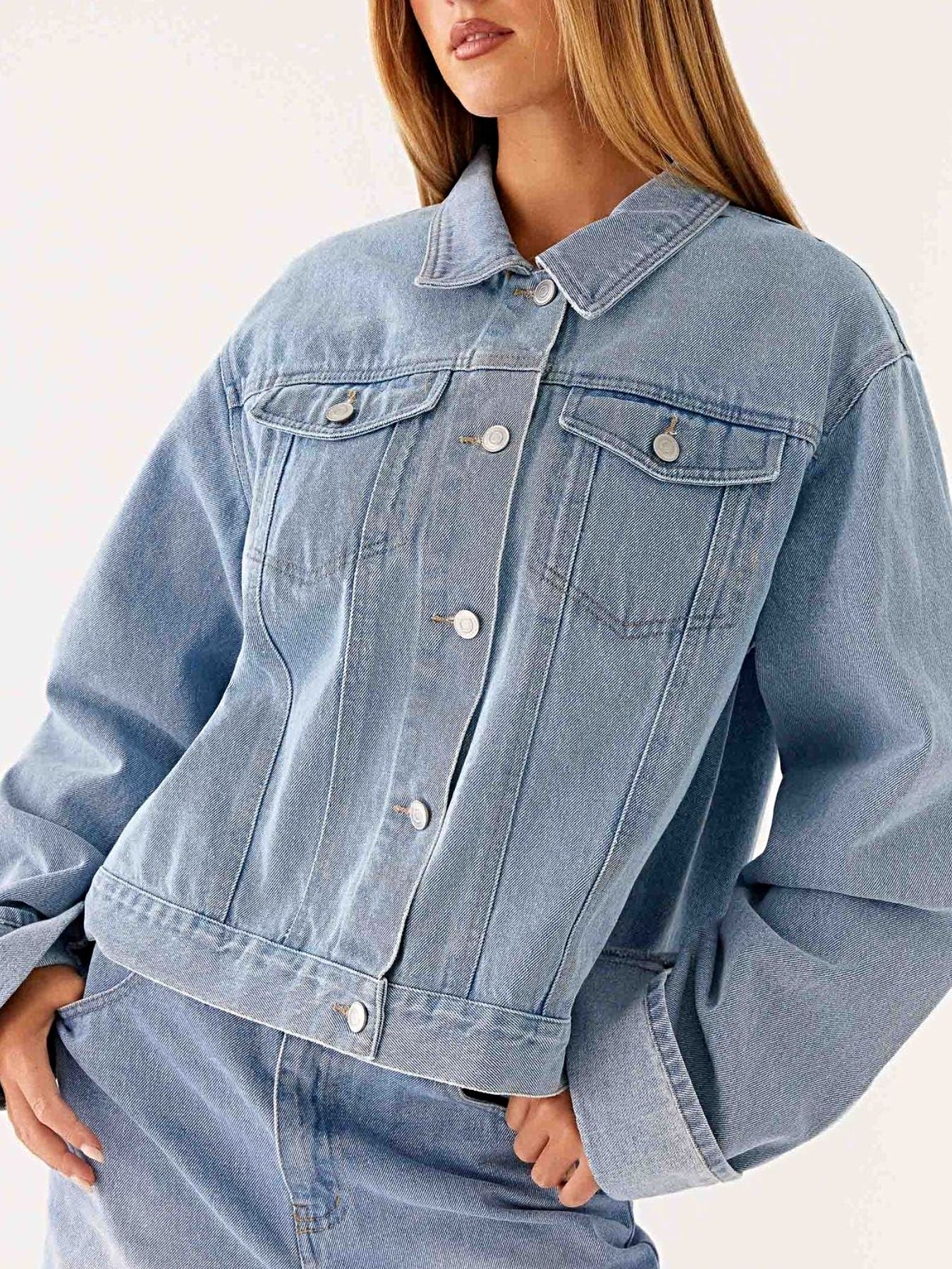 Button Down Cropped Oversized Denim Jacket -