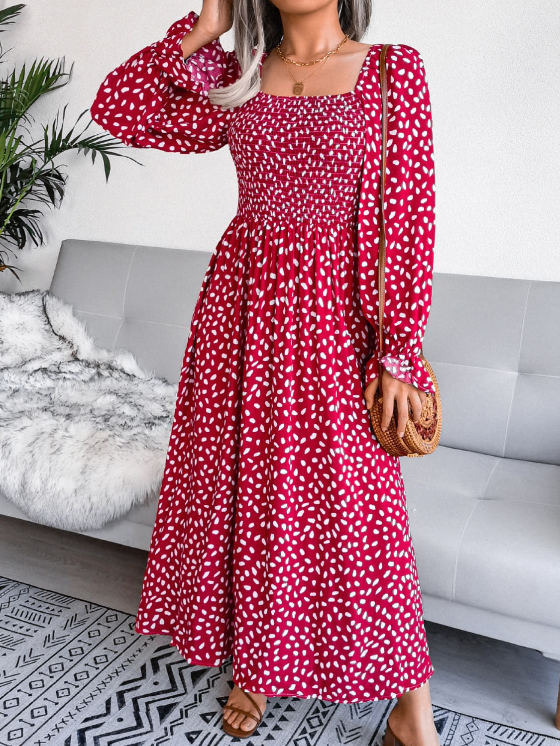 Smocked Square Neck Flounce Sleeve Dress -