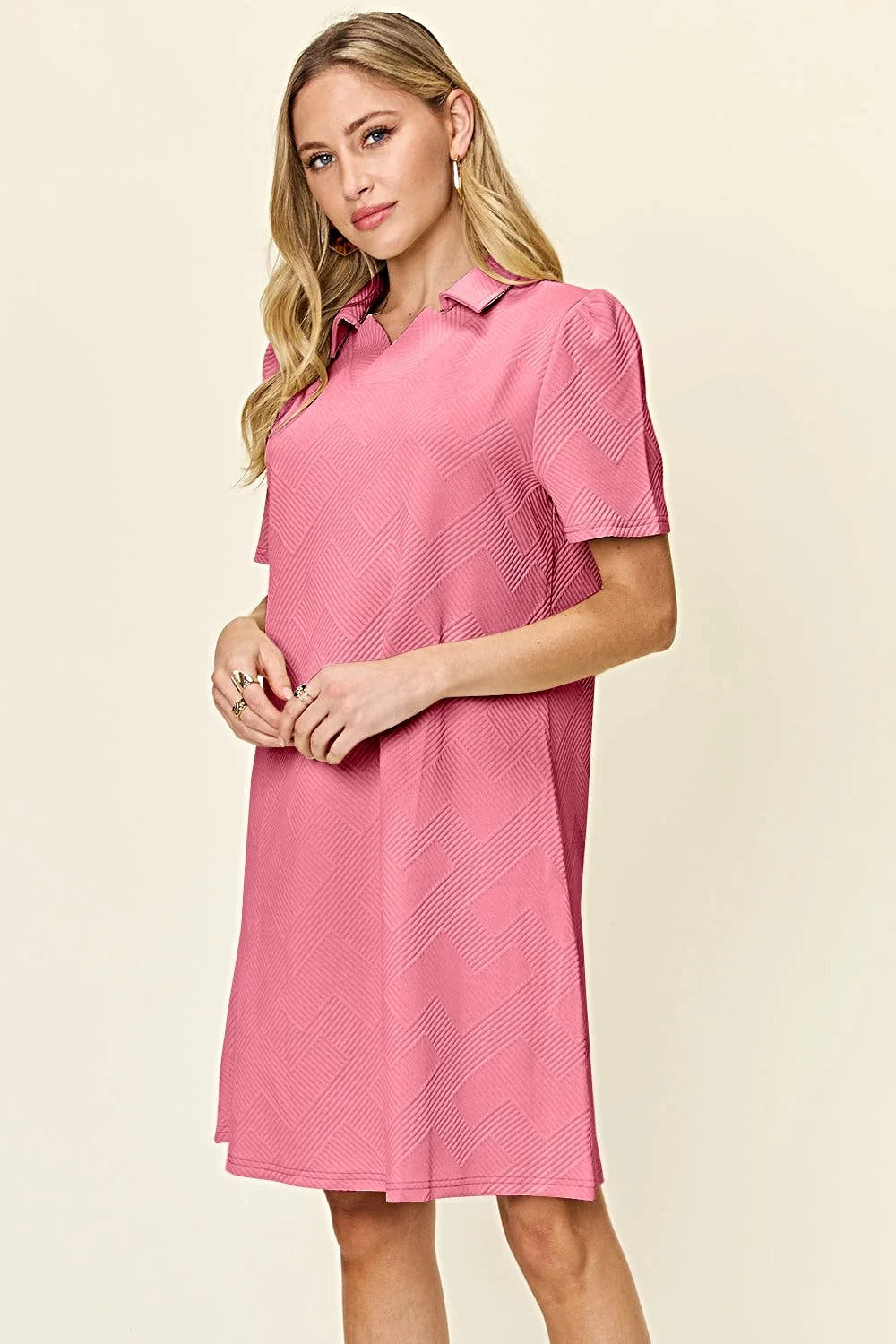 Elegant Double Take Short Sleeve Collar Dress - Textured Opaque Design, Slightly Stretchy, Machine Washable Trendsi