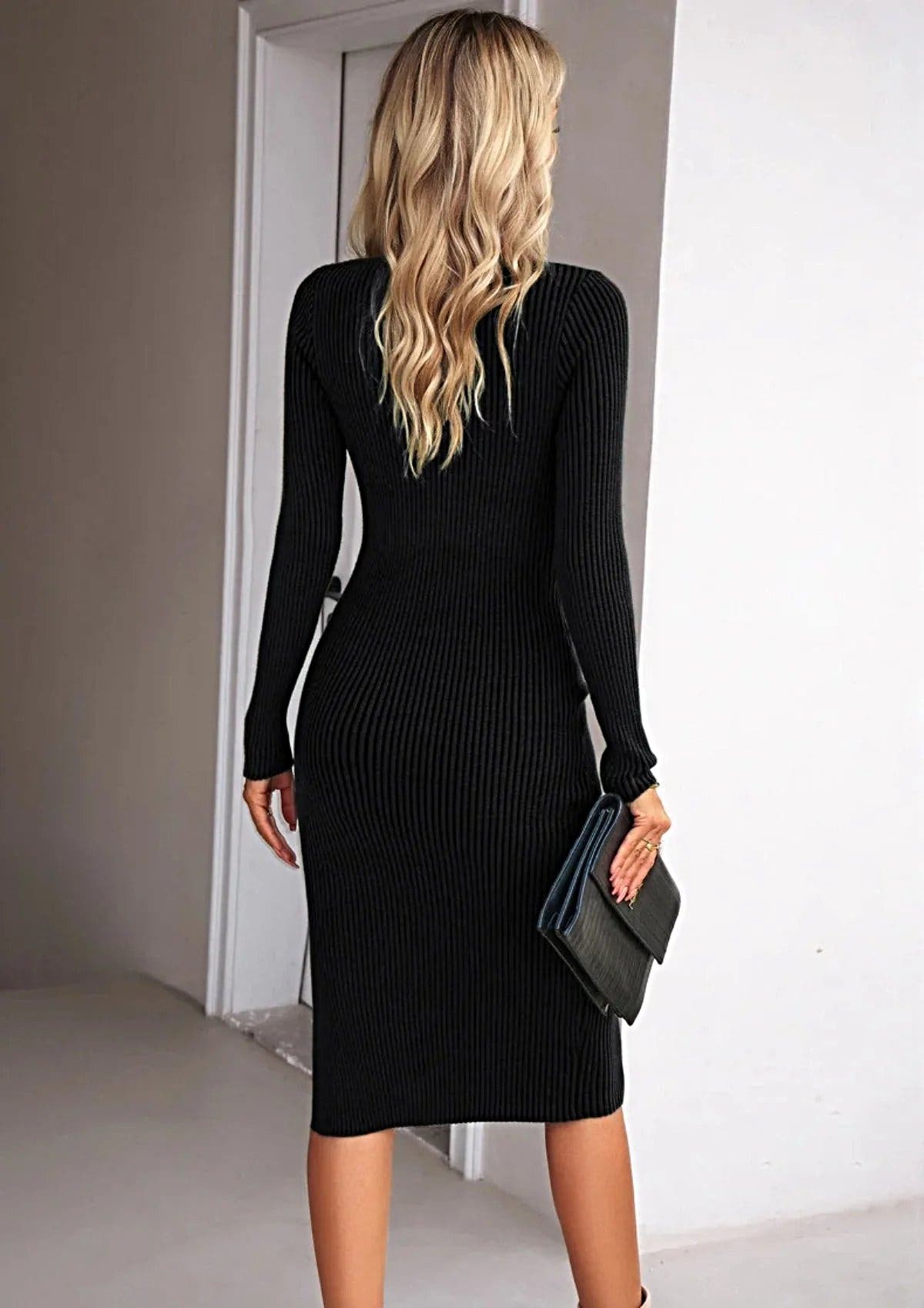 Devine Rib-Knit Slit Sweater Dress -
