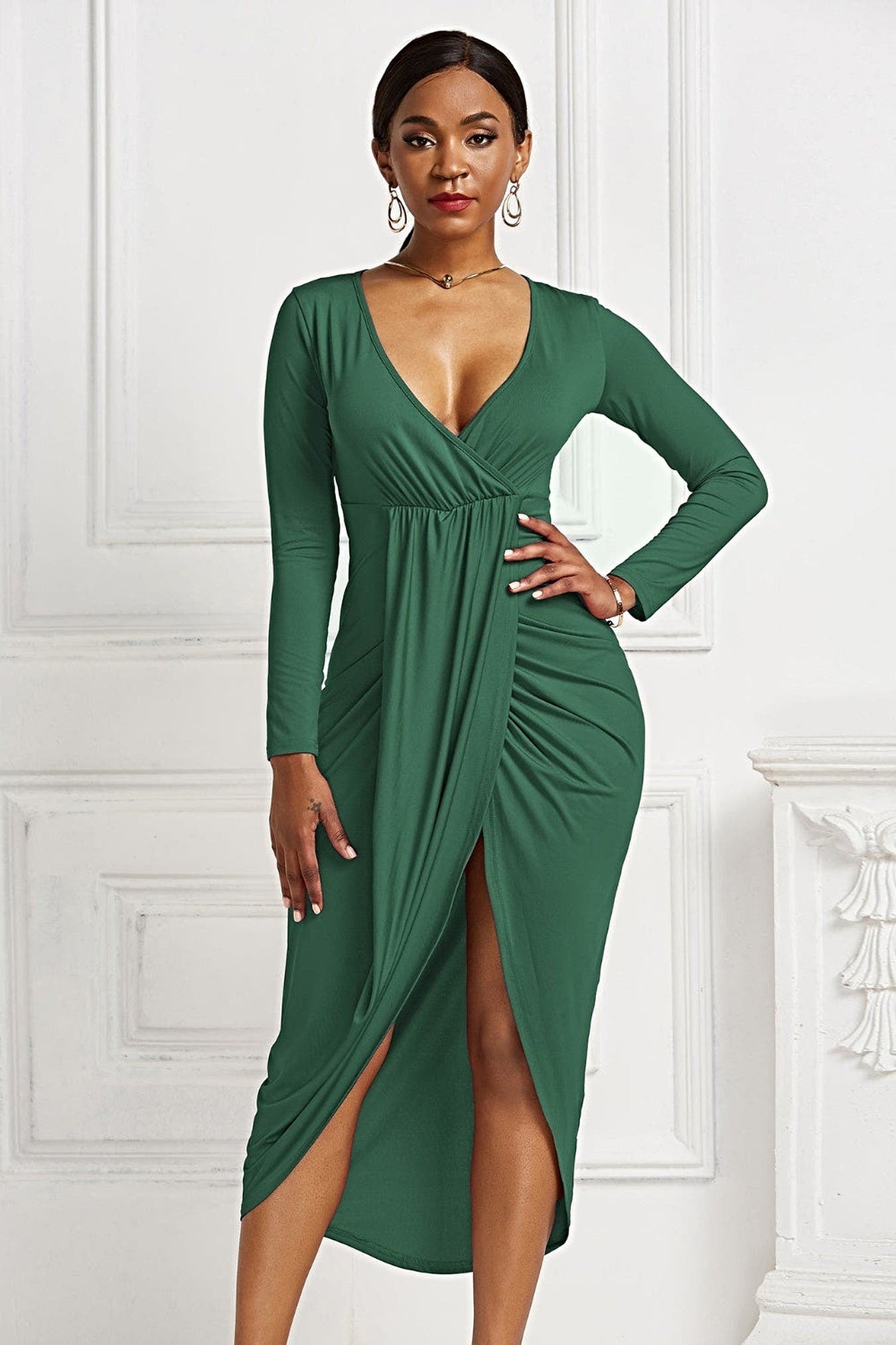 High-low Ruched Surplice Long Sleeve Dress -
