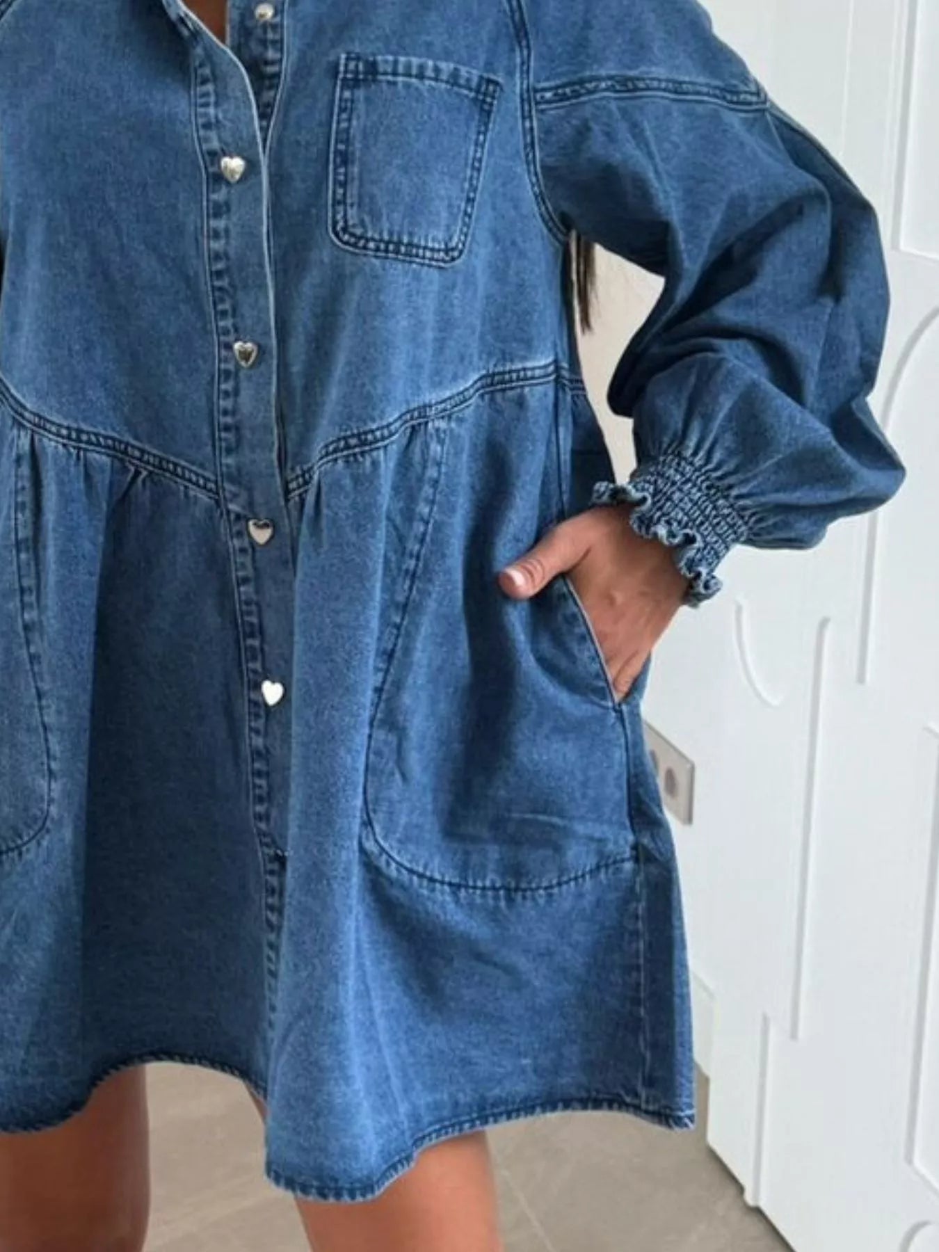 Button Down Mini Denim Dress with Front Pockets -