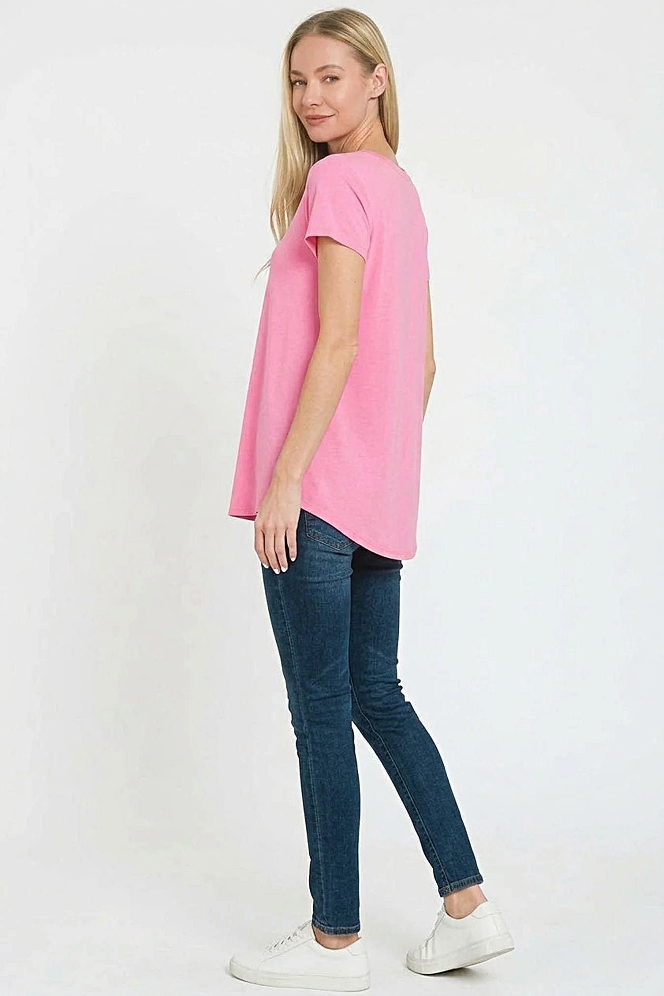 Zenana Rayon Short Sleeve V-neck Round Hem Top -