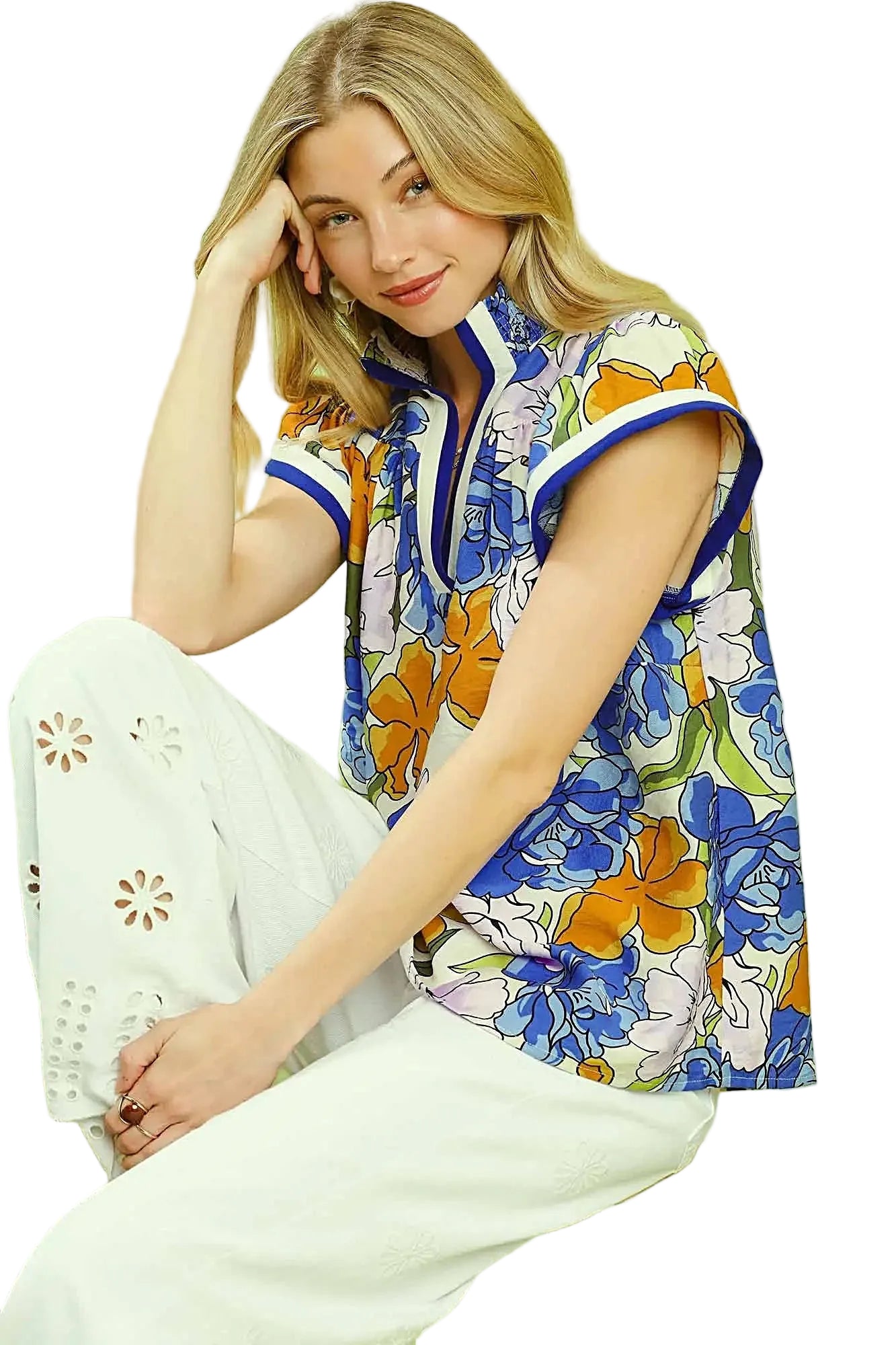 Umgee Floral Print Blouse with Contrast Trim -