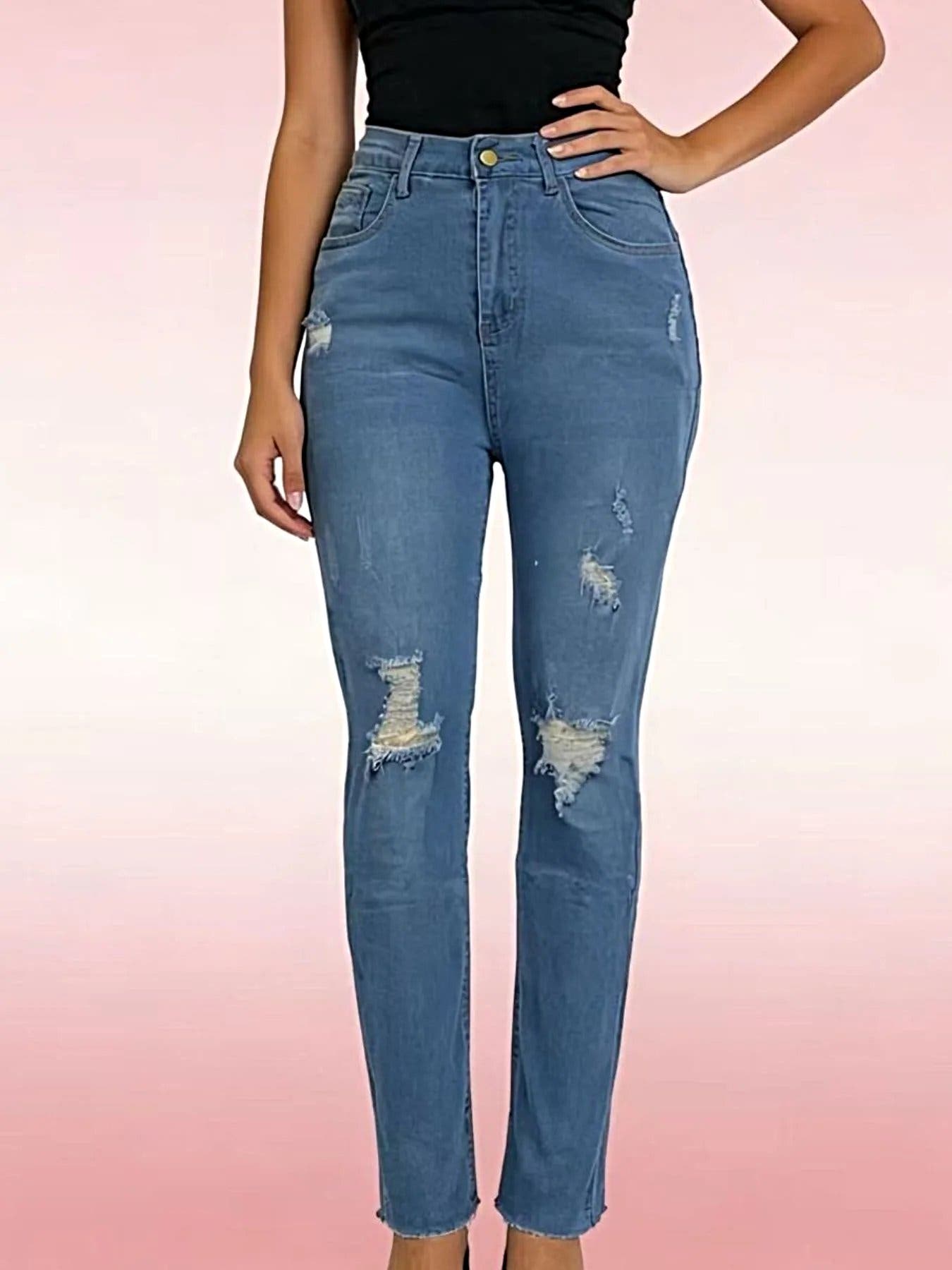 High-Waisted Distressed Jeans -