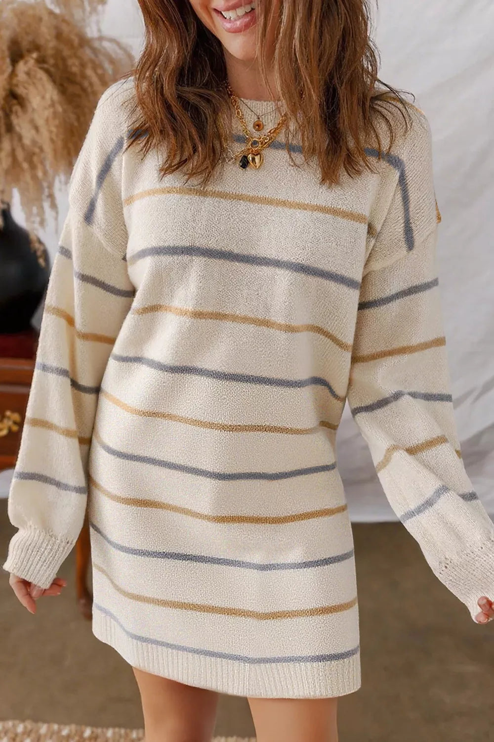 Striped Dropped Shoulder Oversized Sweater Dress -