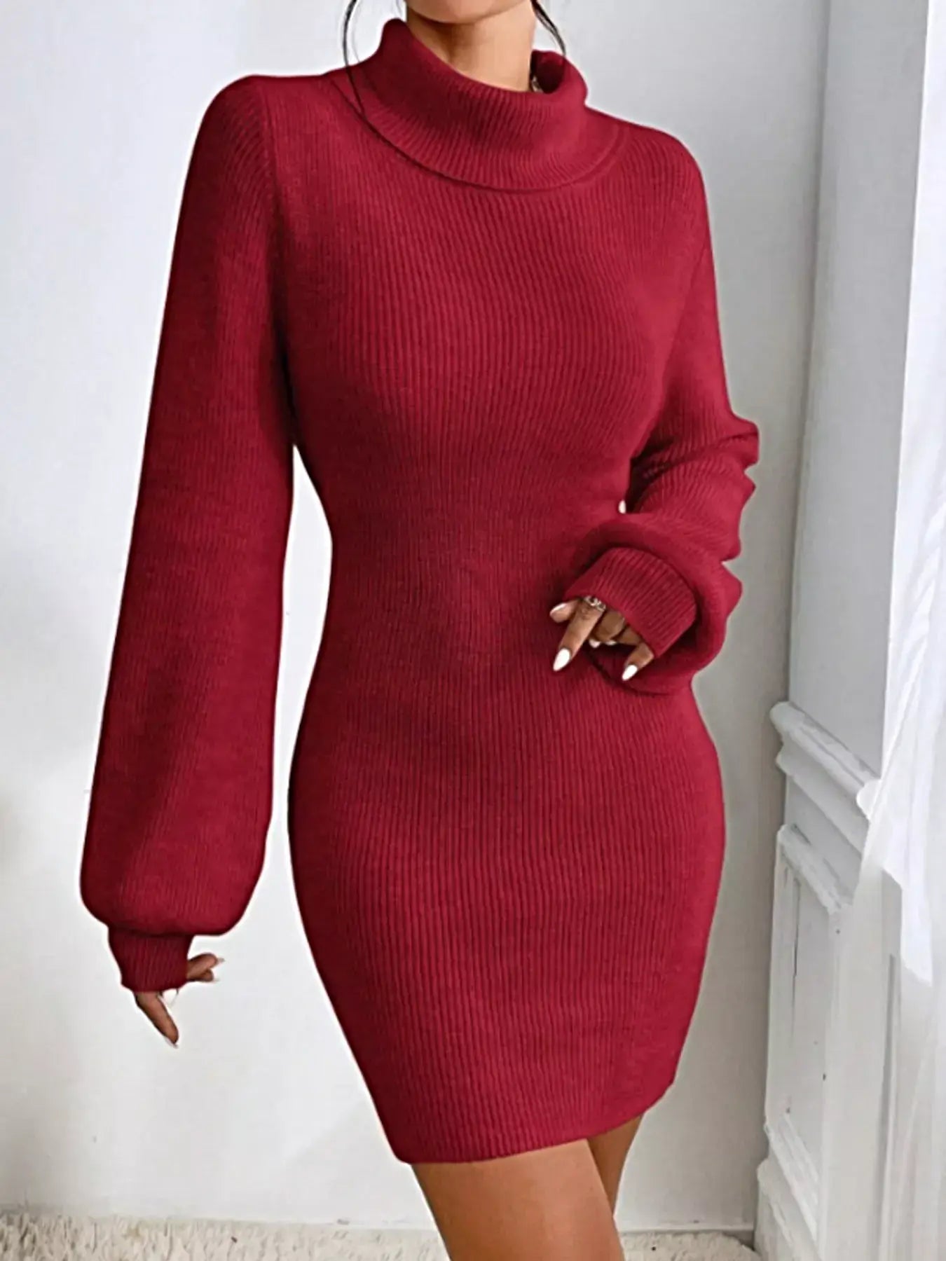 Women's Ribbed Turtleneck Sweater Dress - Stretch Knit For Elegant Cold-Weather Style -