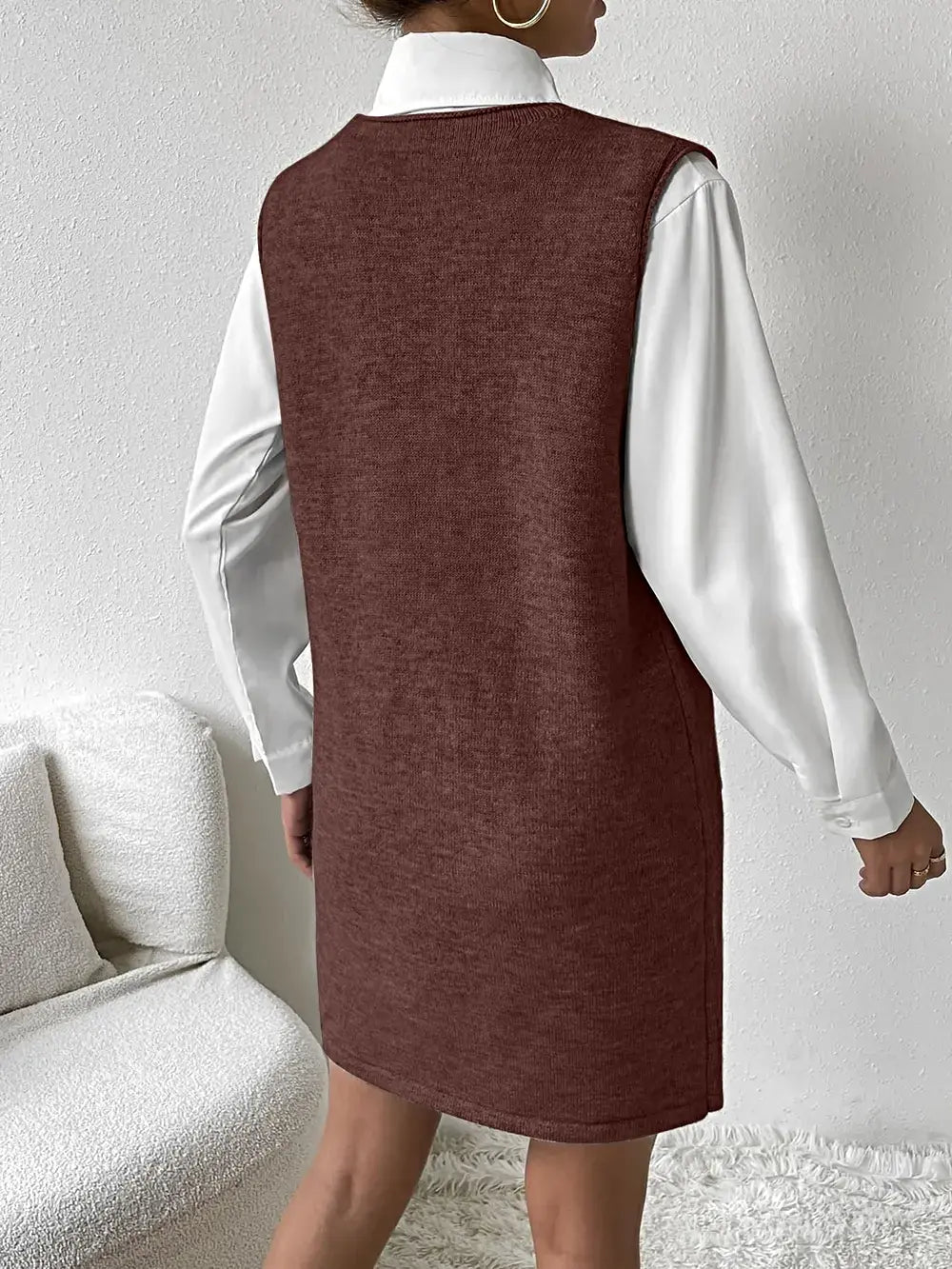 V-Neck Sleeveless Sweater Dress with Pockets -
