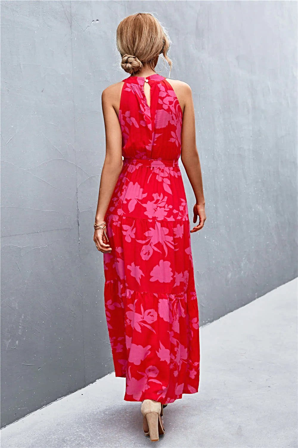 Grecian Printed Tie Waist Maxi Dress with Sleeveless Design and Polka Dot Floral Pattern Trendsi