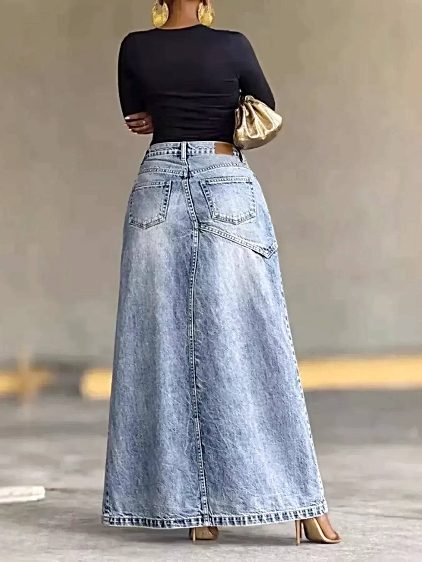 High-Waisted Slit Denim Skirt -