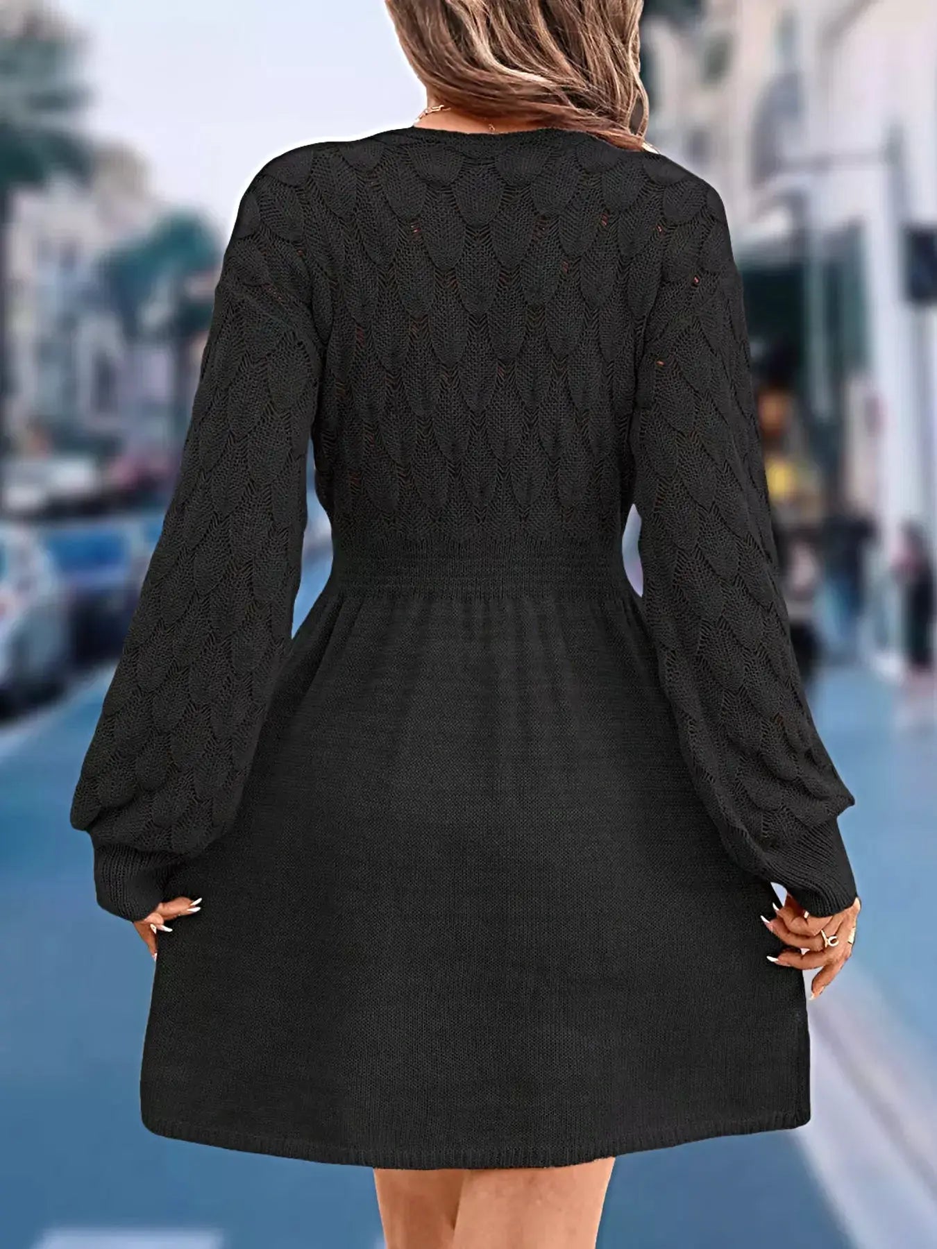 V-Neck Long Sleeve Sweater Dress -