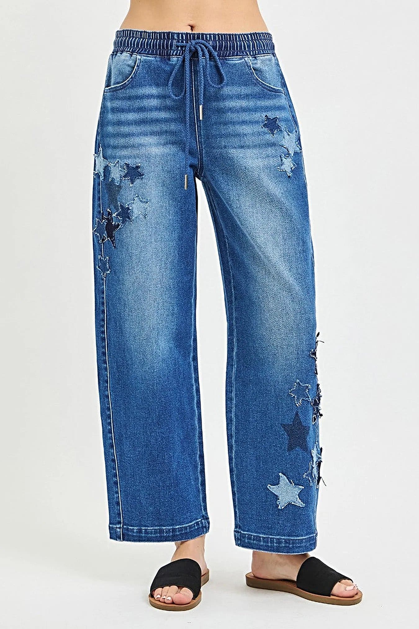RISEN Elastic Band Slouchy Cropped Barrel with Star Patch -