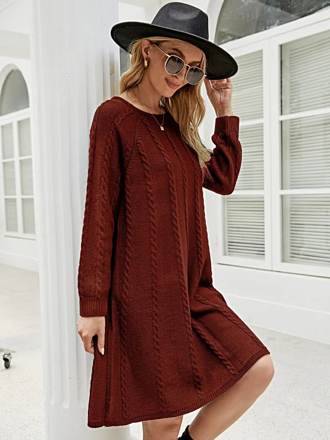 Cable Knit Sweater Dress for Women - Soft Acrylic, Slightly Stretchy, Long Sleeve - Trendy Style Trendsi