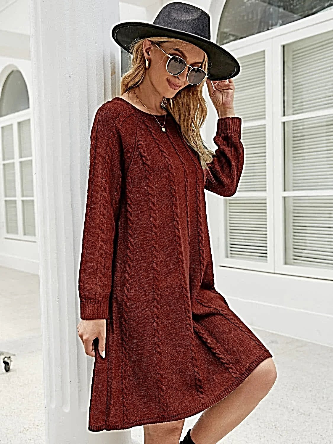Cable Knit Sweater Dress for Women - Soft Acrylic, Slightly Stretchy, Long Sleeve - Trendy Style -