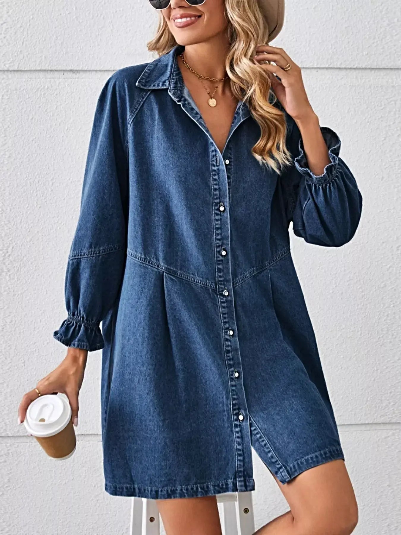 Button Down Ruffle Cuff Denim Dress -