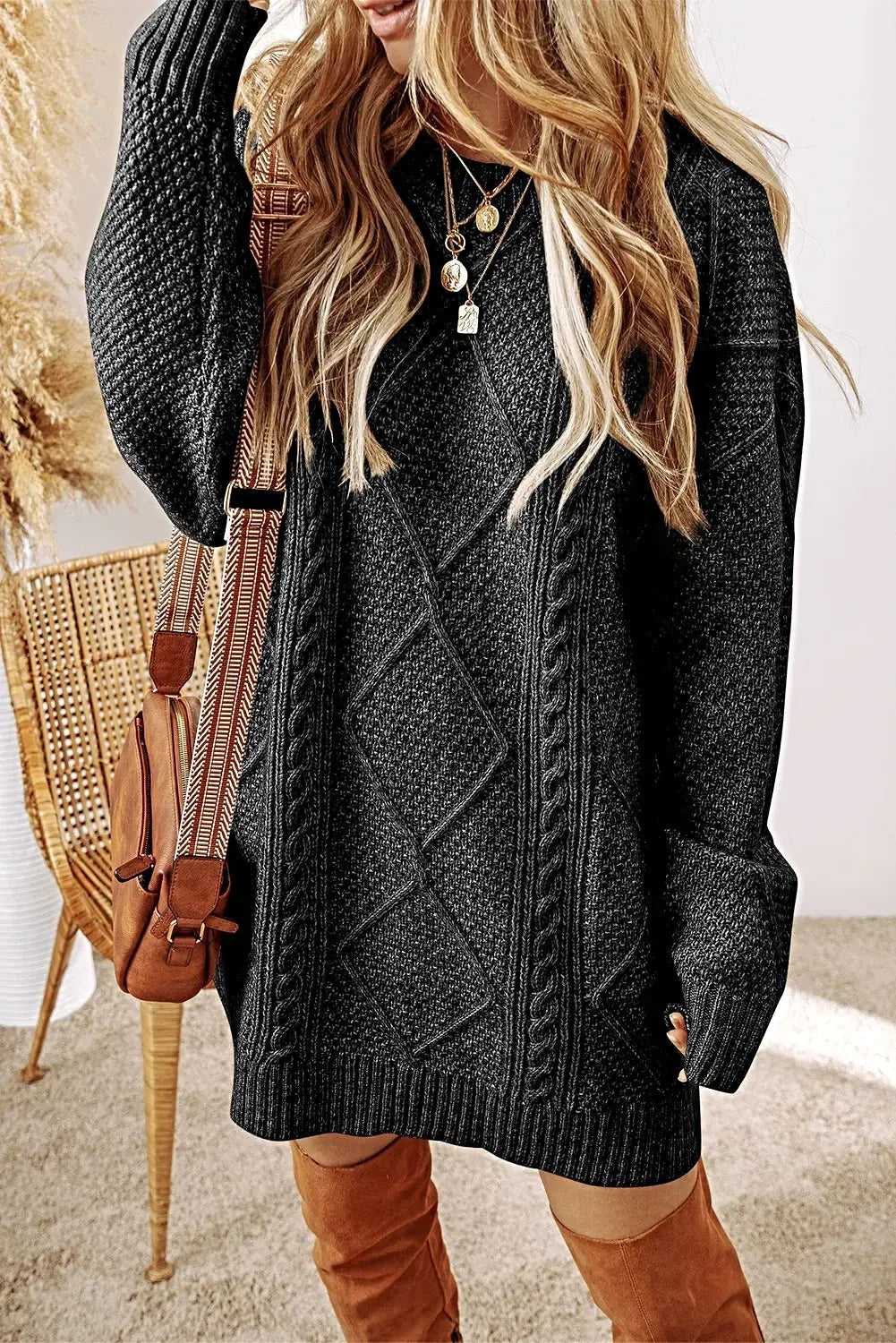 Cable-Knit Round Neck Sweater Dress -