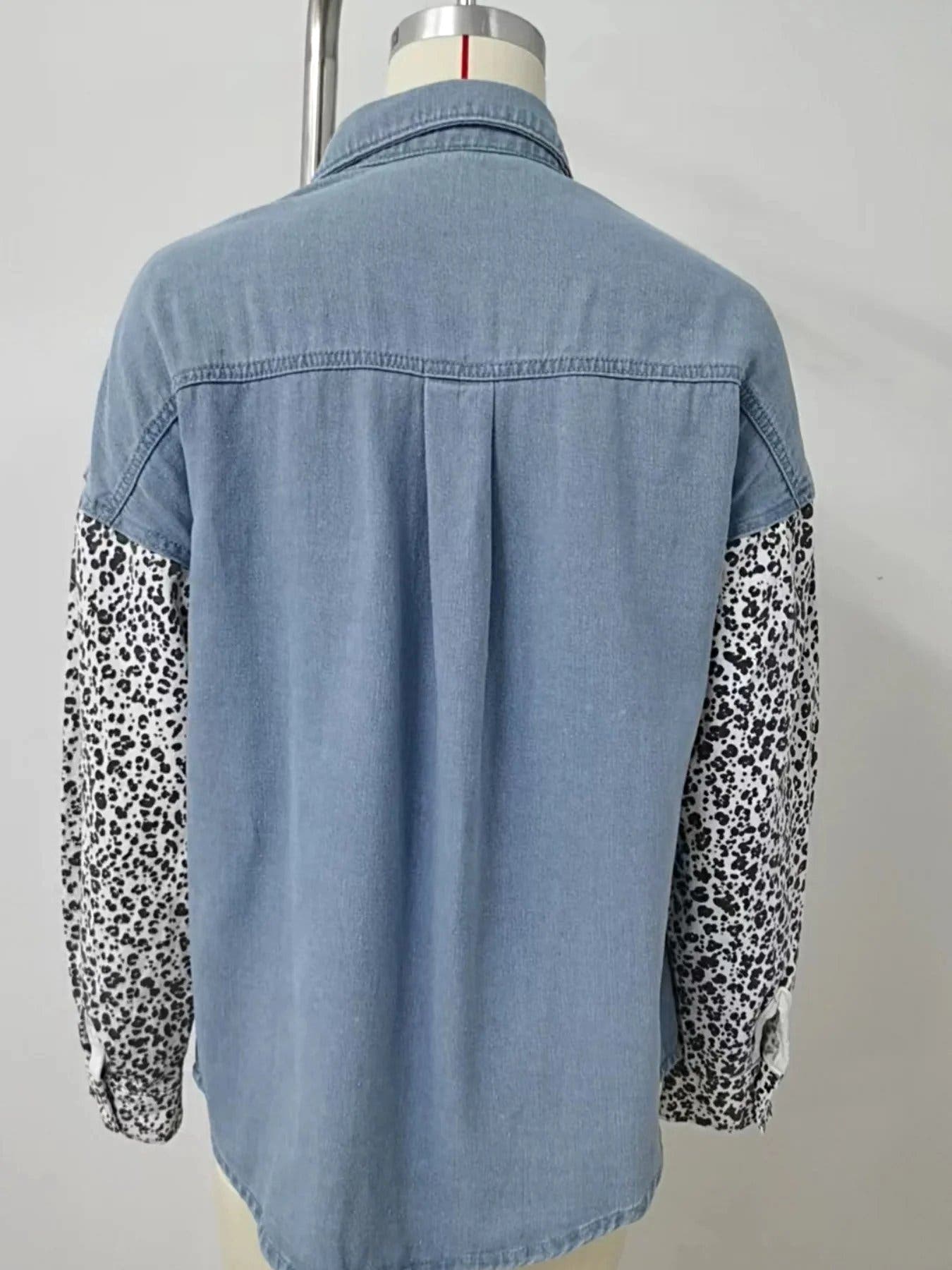 Leopard Patchwork Button Up Denim Shirt -