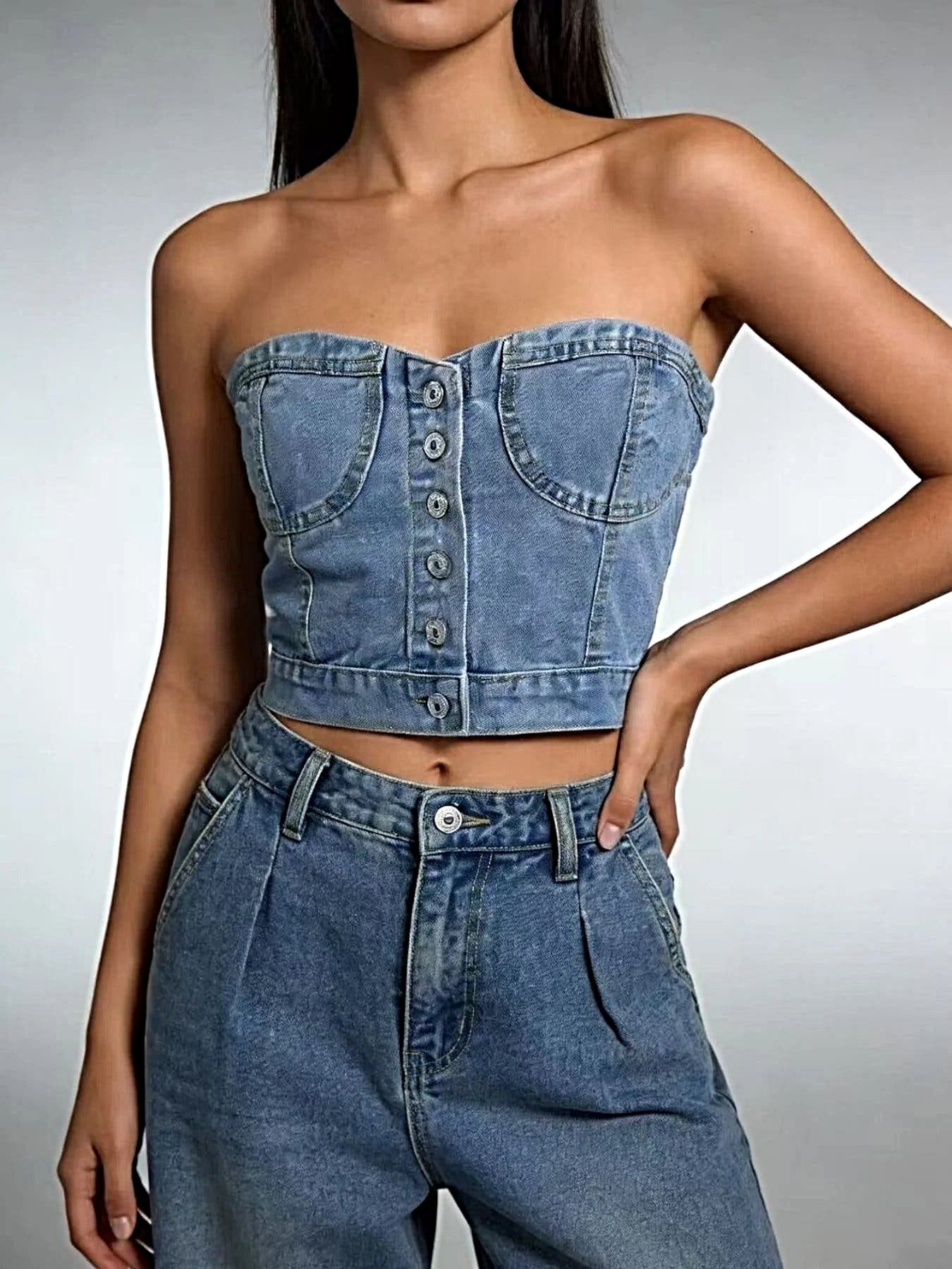 Button-Front Denim Tube Top -