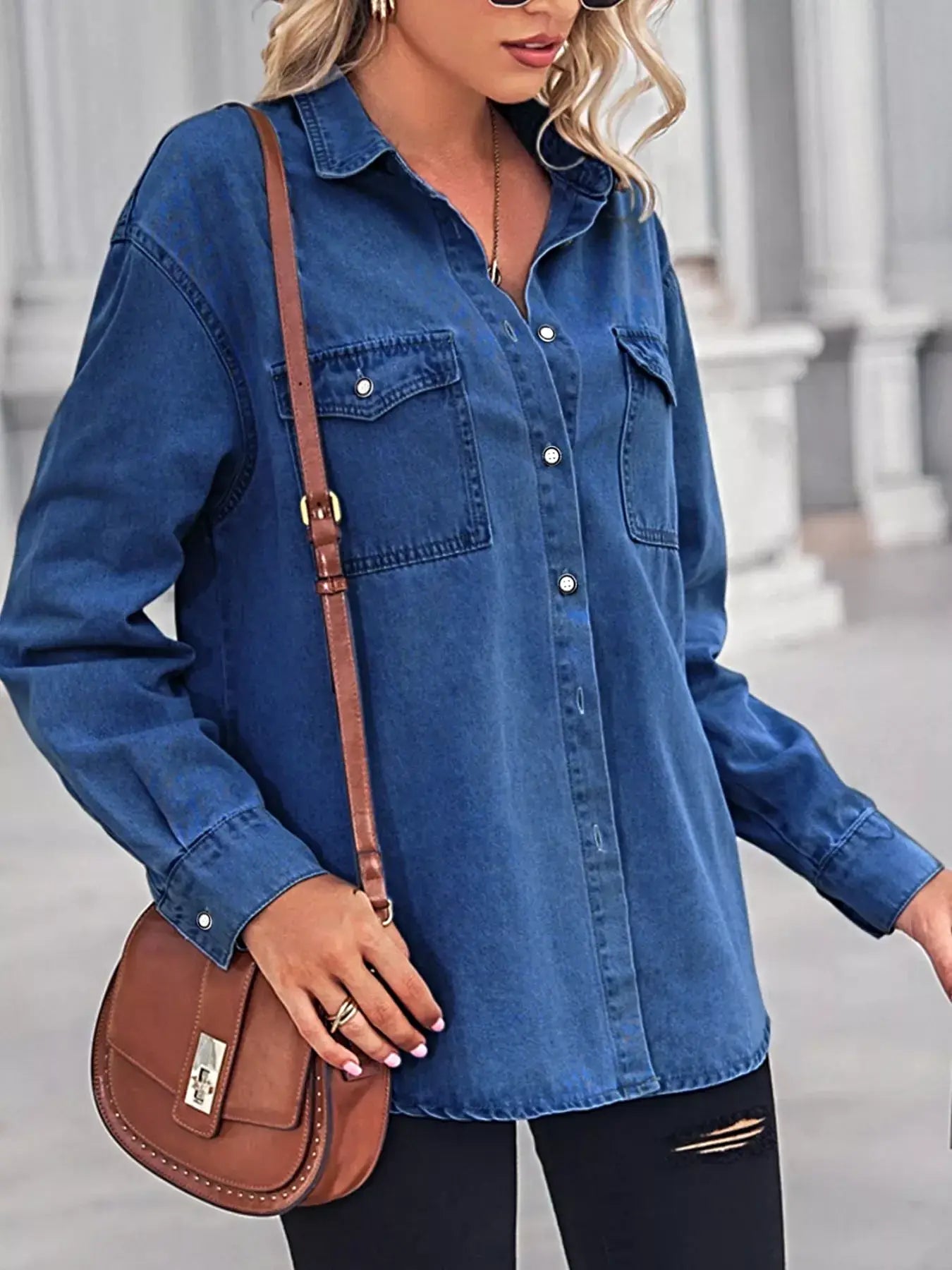 Button Down Washed Denim Shirt with Chest Pockets -