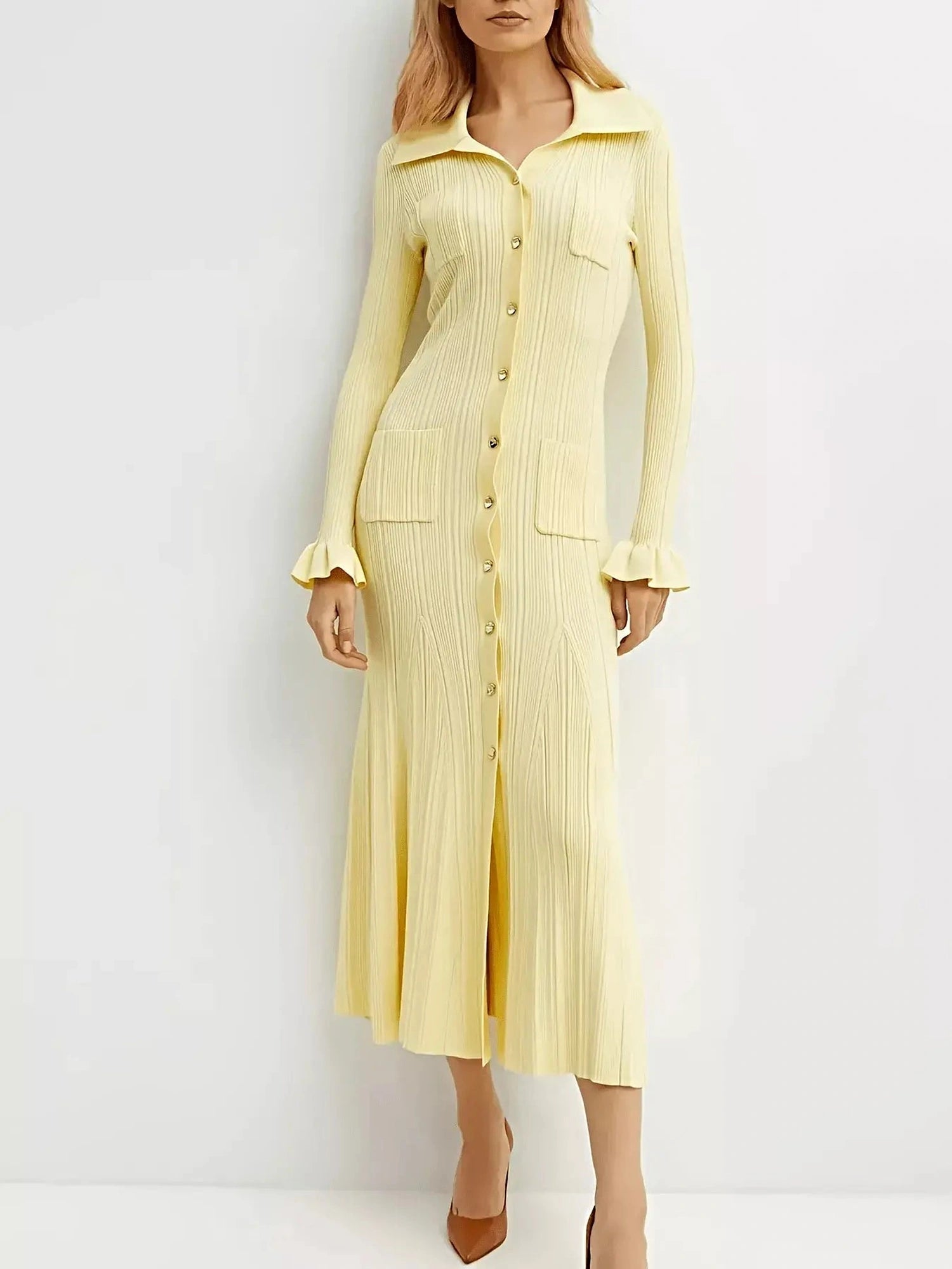 Button-Down Flounce Sleeve Sweater Dress -