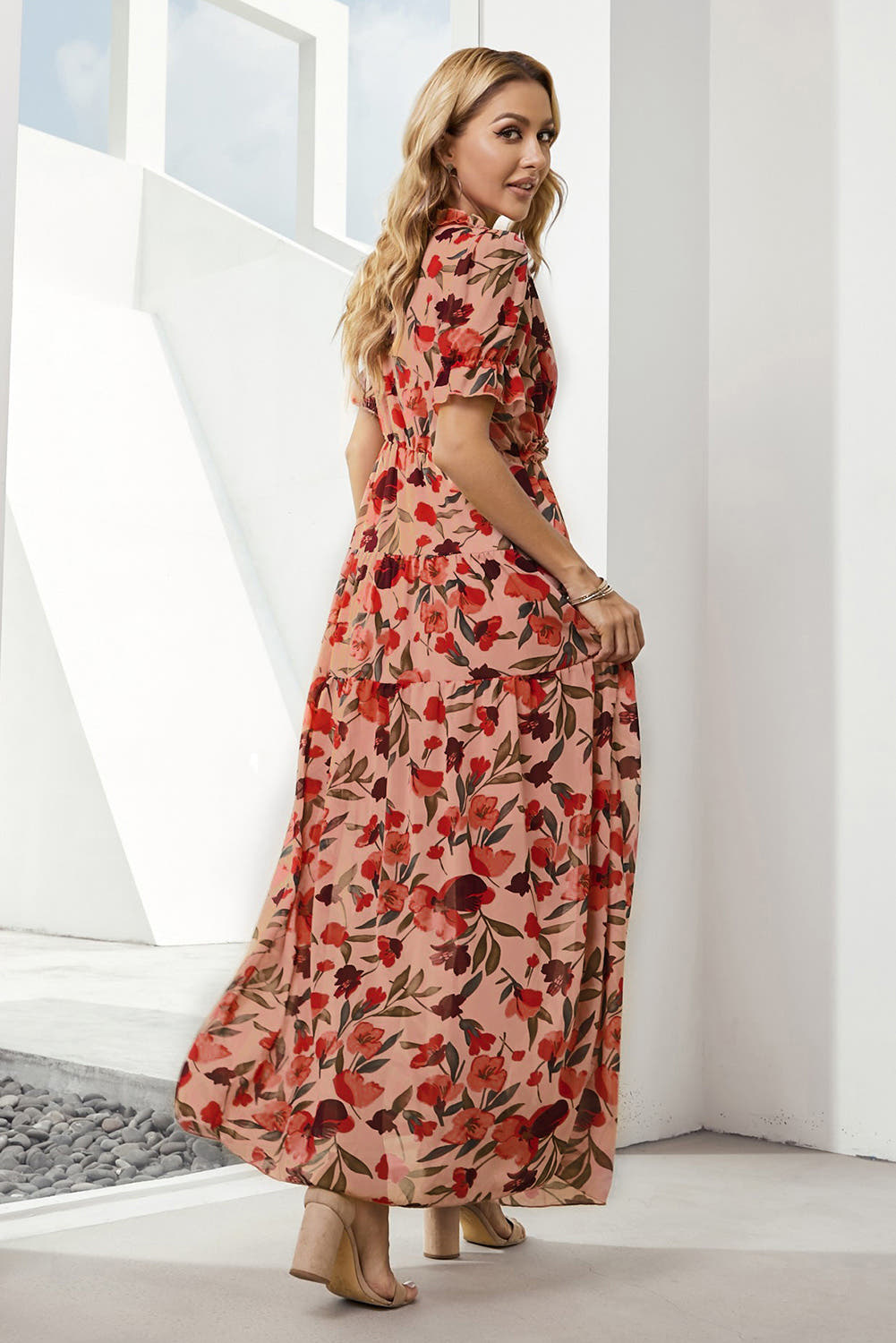 Elegant Floral V-Neck Dress with Short Flounce Sleeves, A-Line Maxi Length, 100% Polyester Trendsi