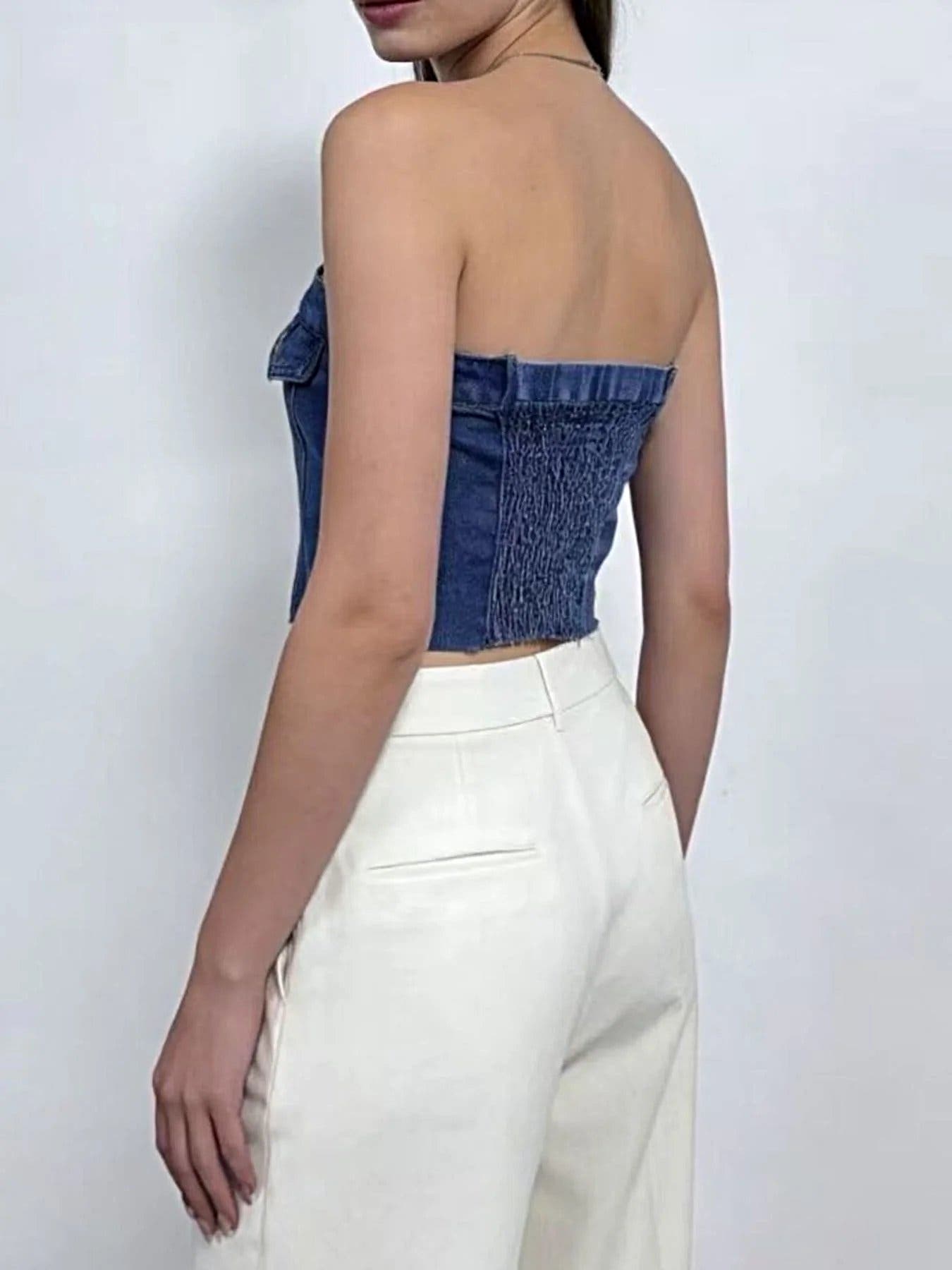 Button Front Denim Tube Top -