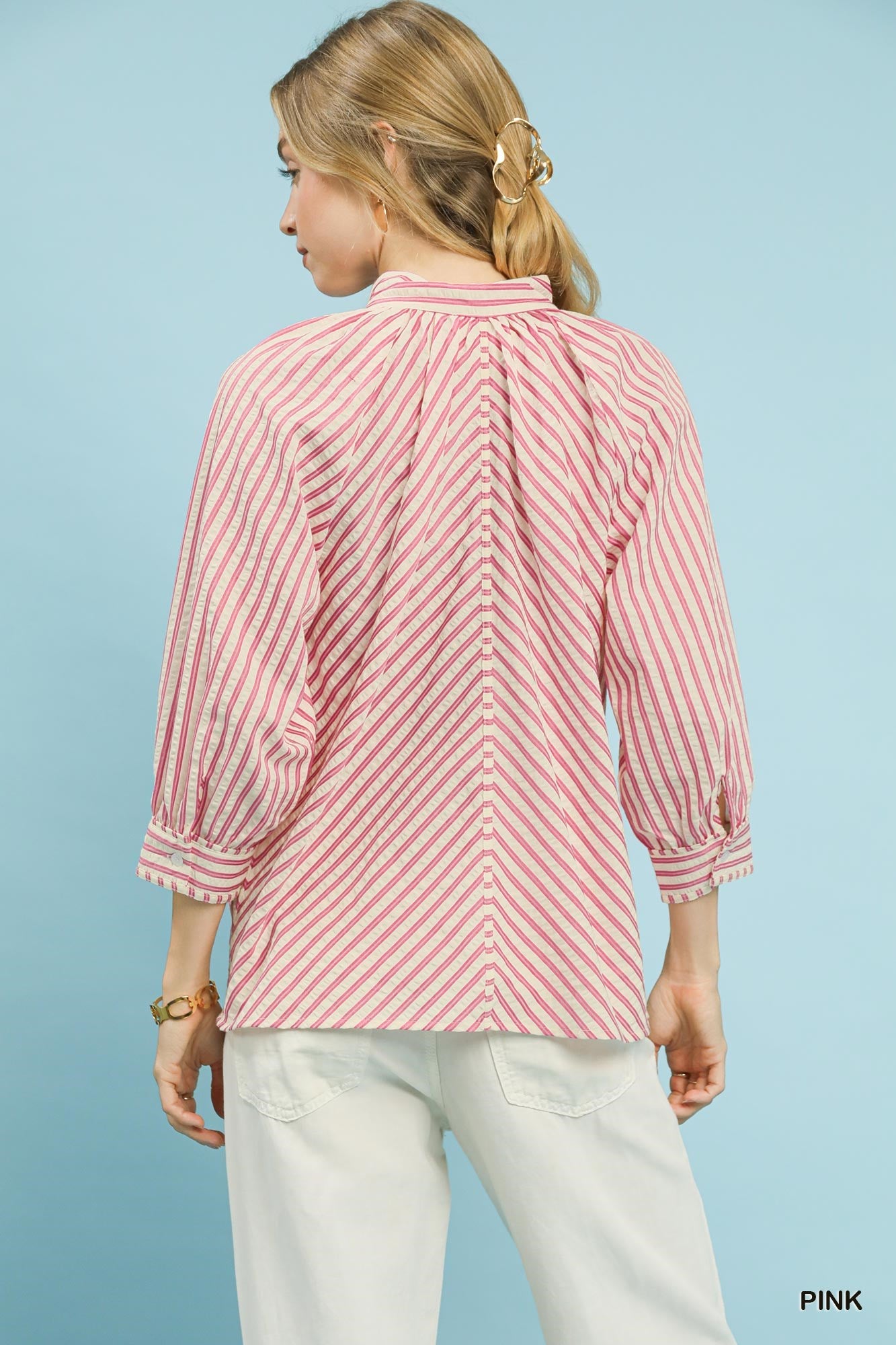 Umgee Striped V-Neck Button Down Top -
