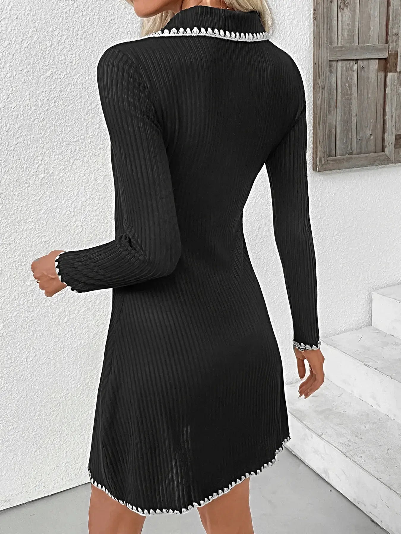 Contrast Trim Texture Long Sleeve Sweater Dress -